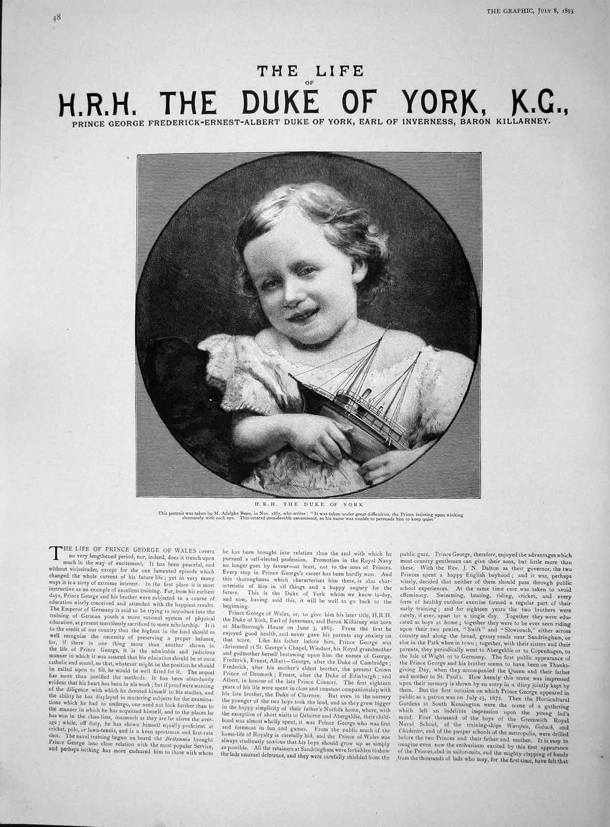 Old Antique Print 1893 Duke York Prince Inverness Osborne Ship Bacchante 19th
