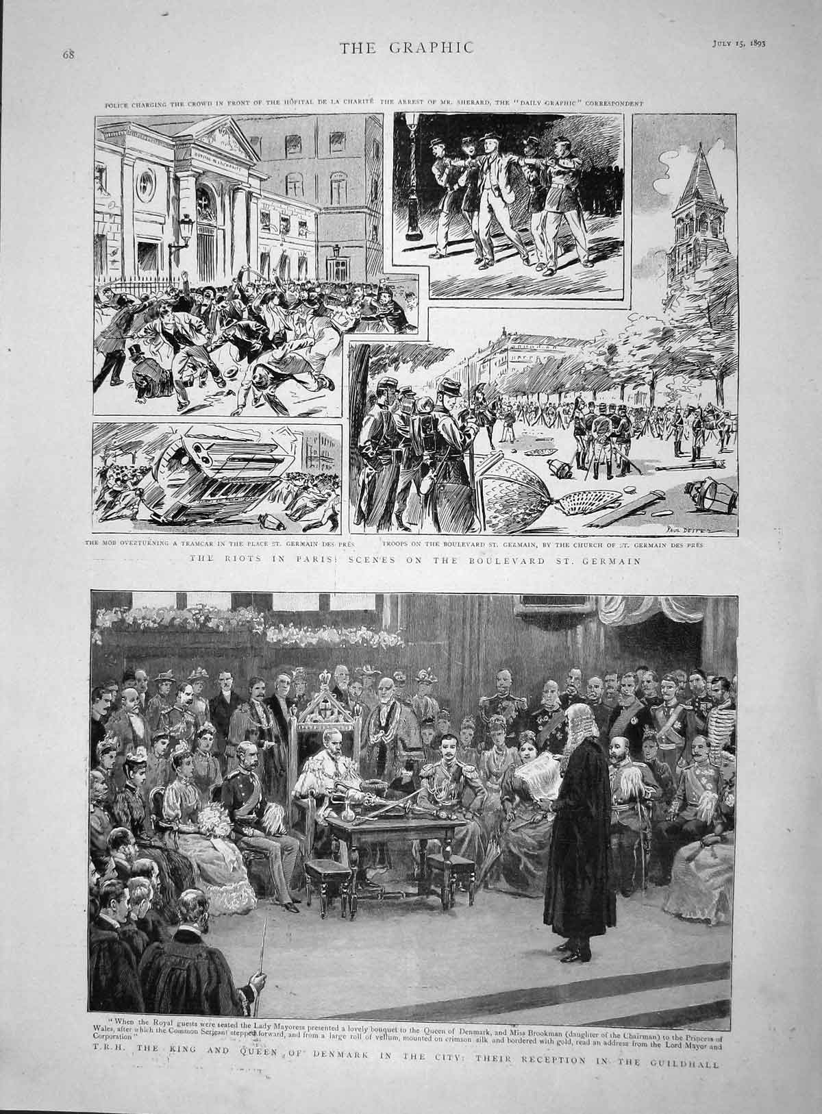 Old Antique Print 1893 King Denmark Guildhall Riots Paris Germaine France 19th