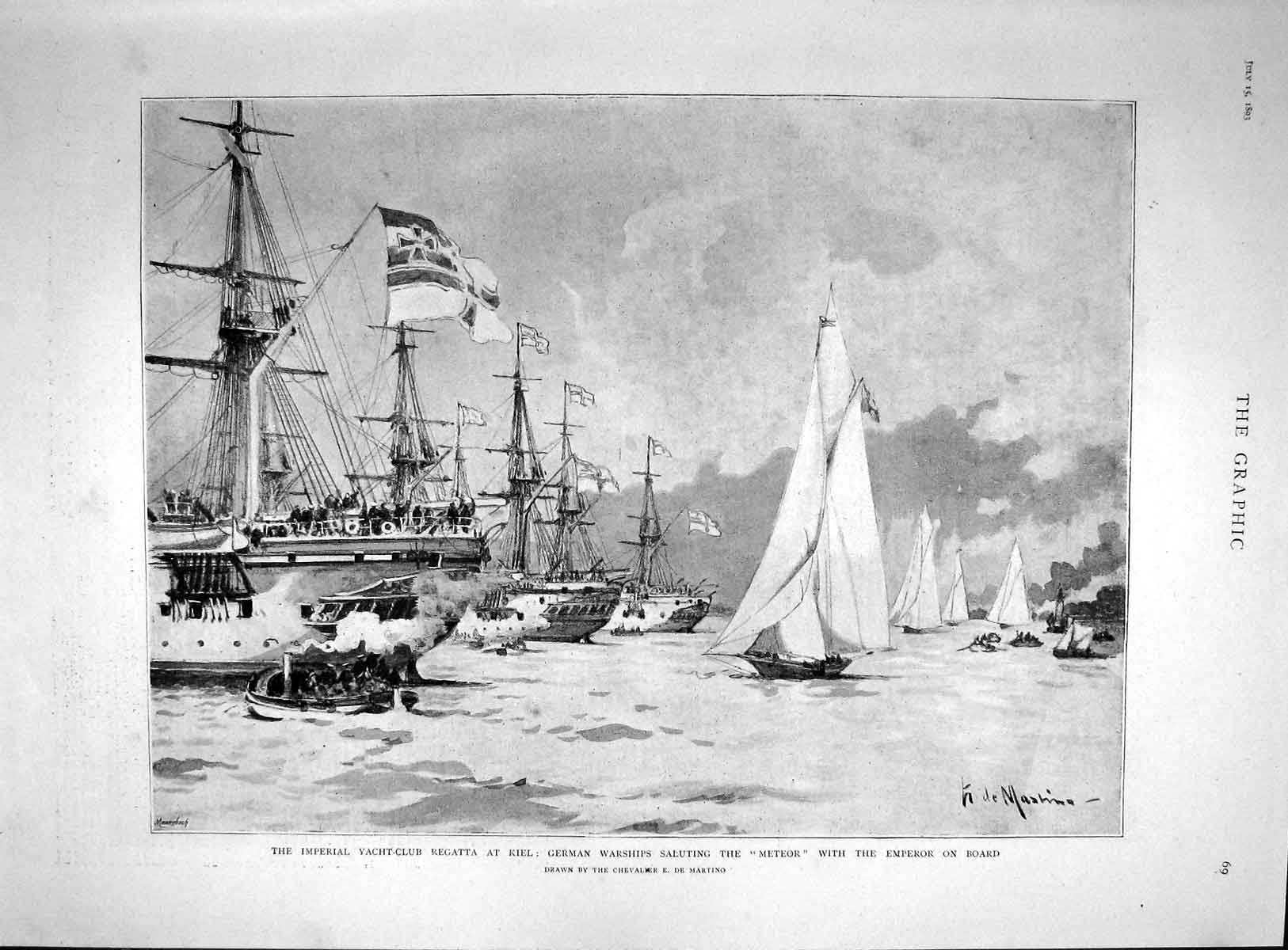 Original Old Antique Print 1893 Imperial Yacht Regatta Kiel German Ships Meteor