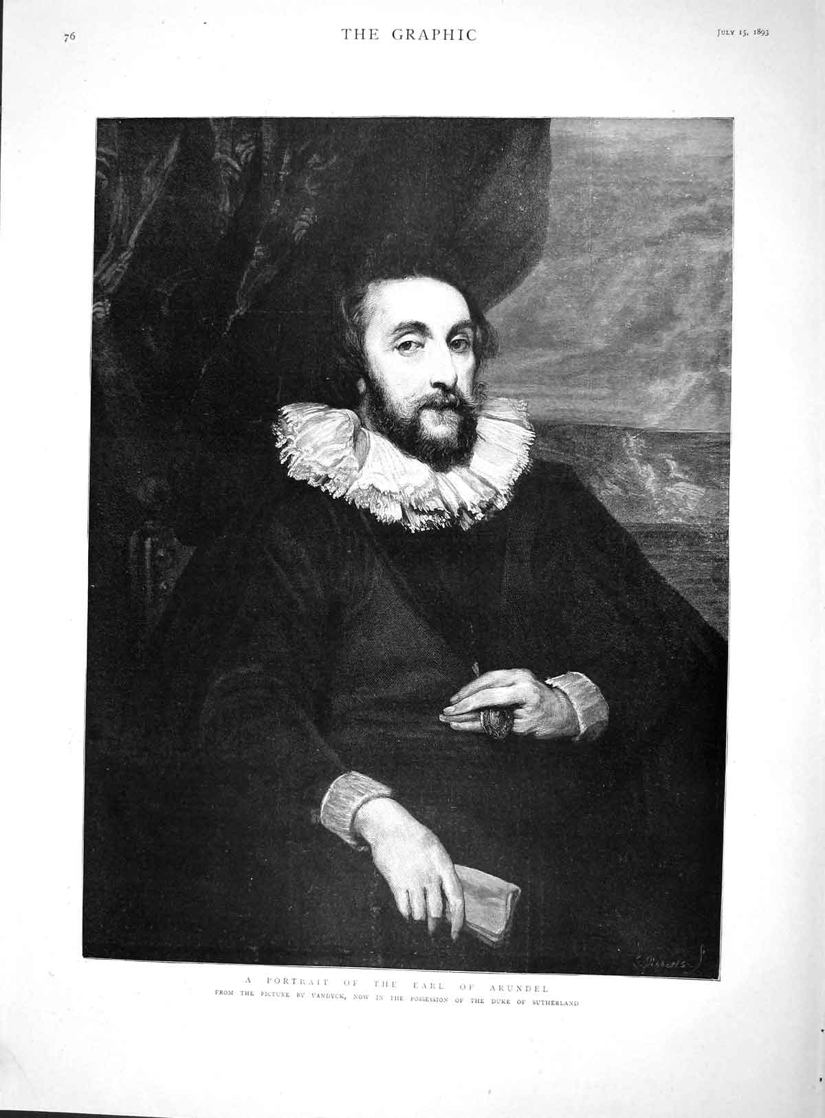 Original Old Antique Print 1893 Portrait Earl Arundel Vandyck Duke Sutherland