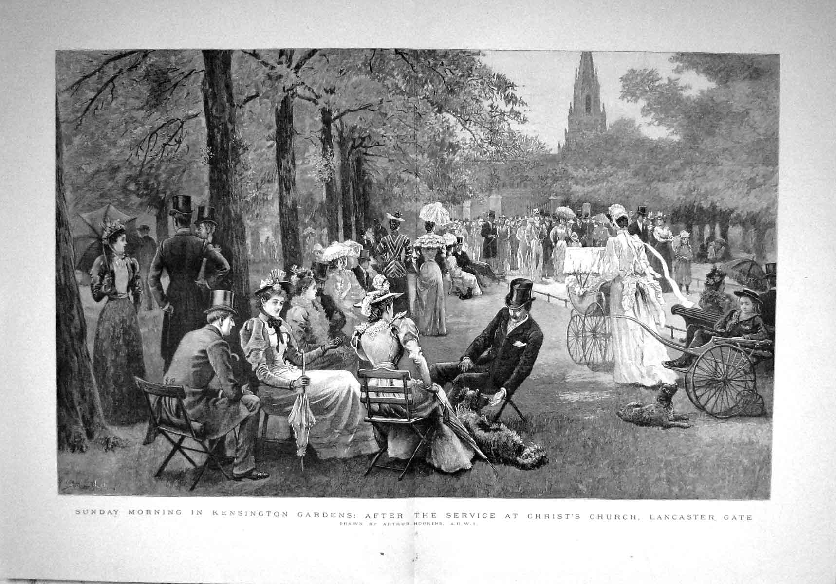 Original Old Antique Print 1893 Kensington Gardens Christ'S Church Lancast 19th