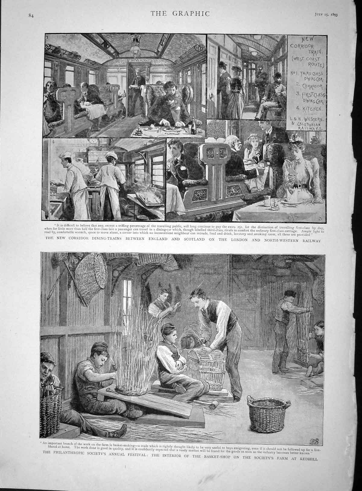 Old Antique Print 1893 Philanthropic Festival Redhill Train Dining Saloon 19th