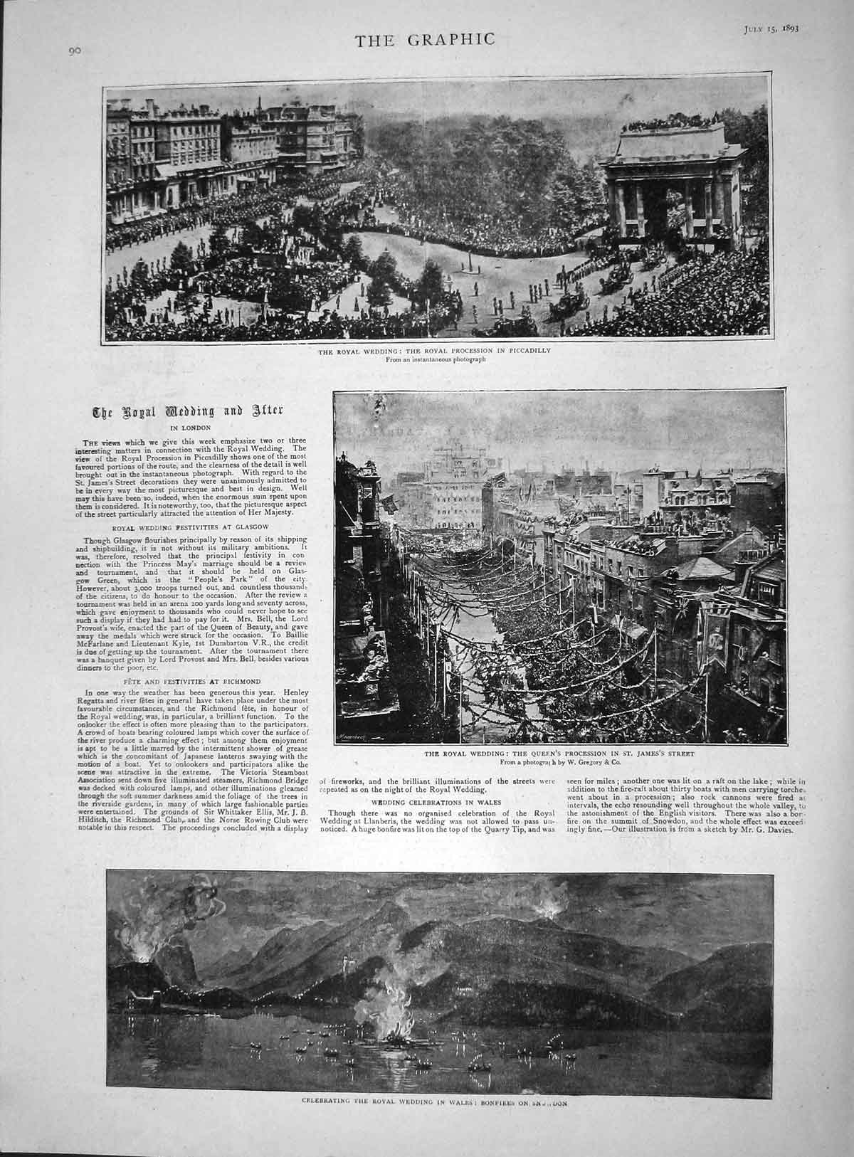 Original Old Antique Print 1893 Royal Wedding Bonfires Snowdon Wales Piccadilly