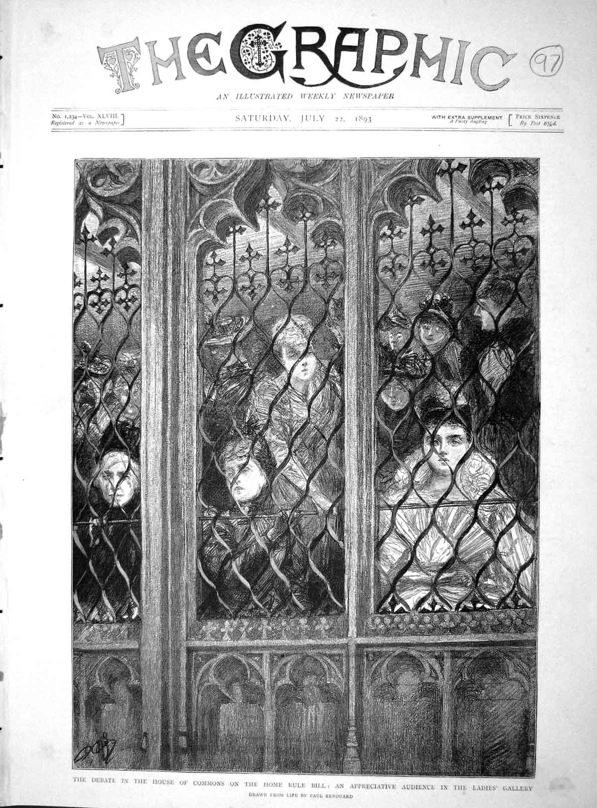 Old Antique Print 1893 Debate House Commons Home Rule Bill Ladies Gallery 19th