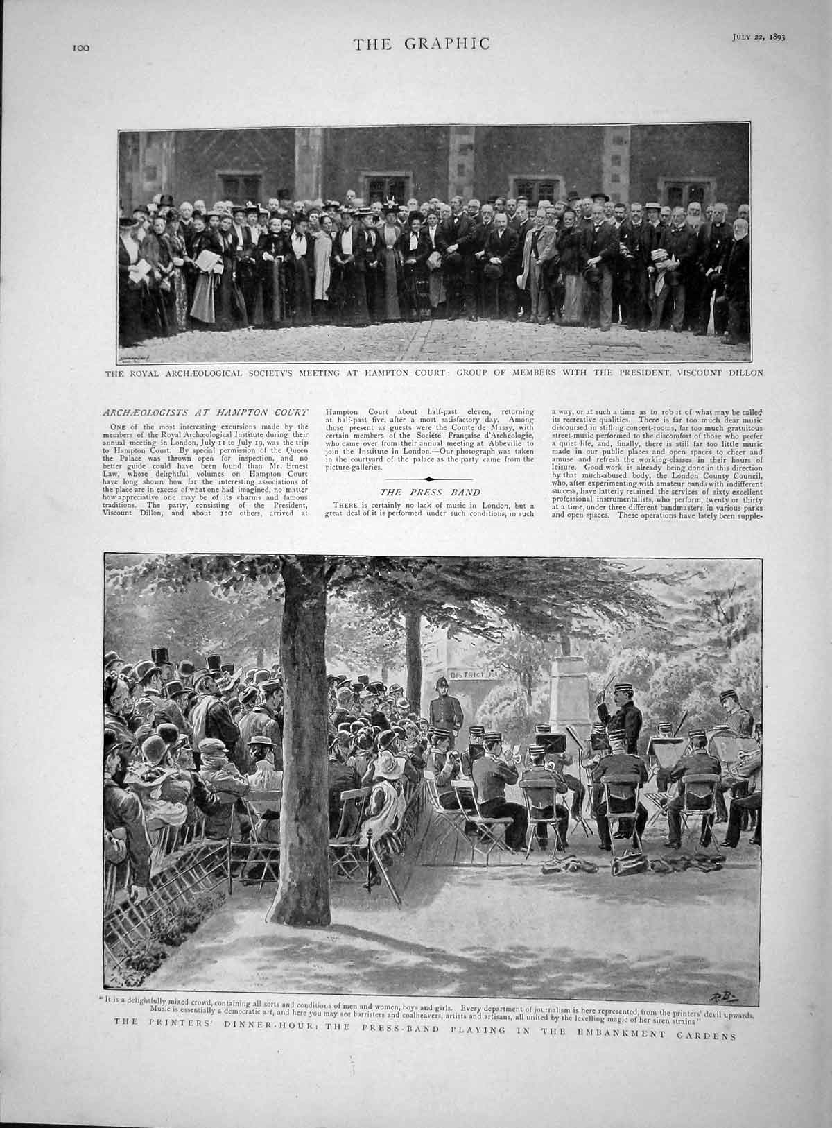 Original Old Antique Print 1893 Press-Band Gardens Archaeology Hampton Dillon