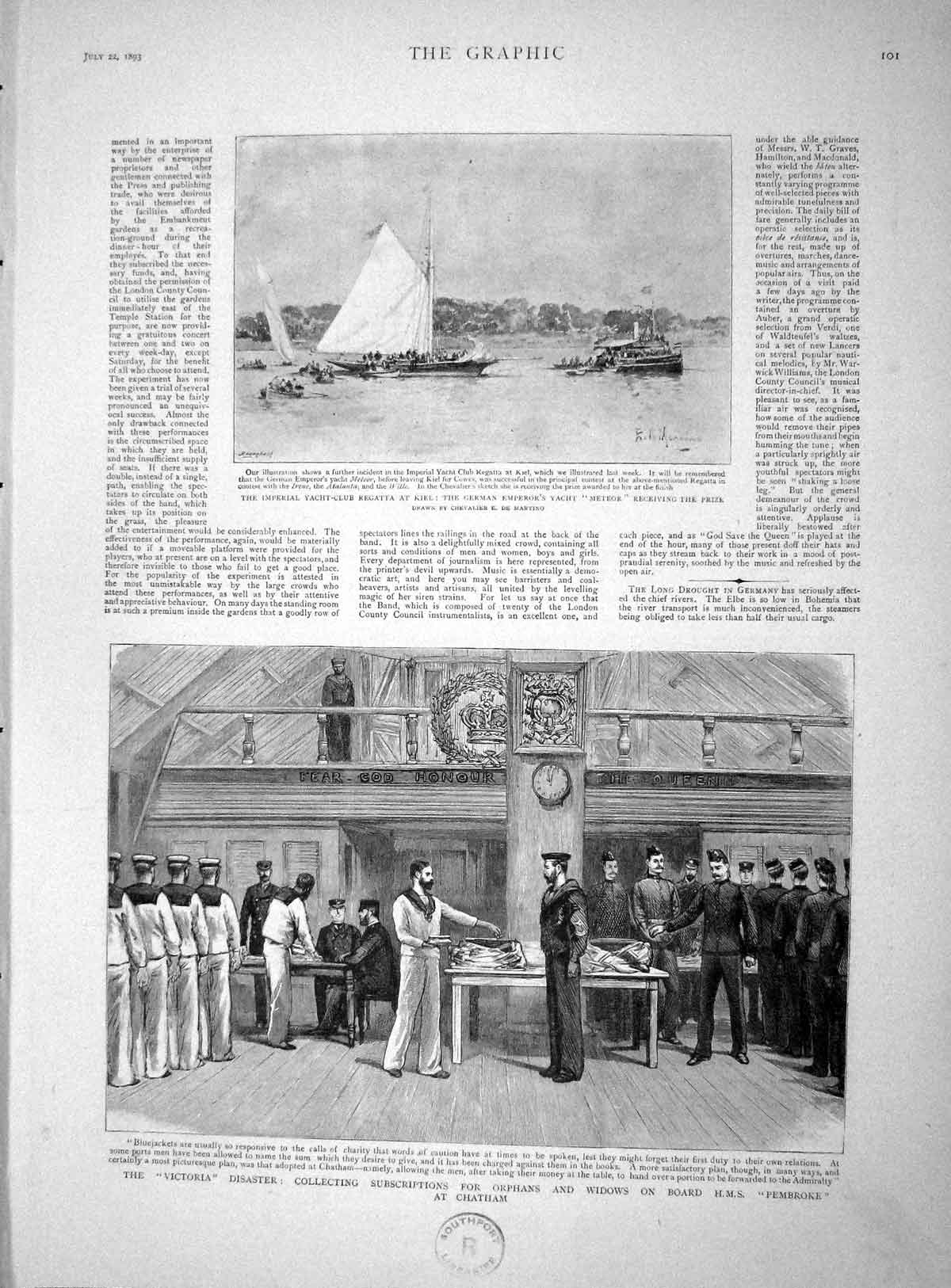 Original Old Antique Print 1893 Victoria Disaster Ship Pembroke Chatham Meteor