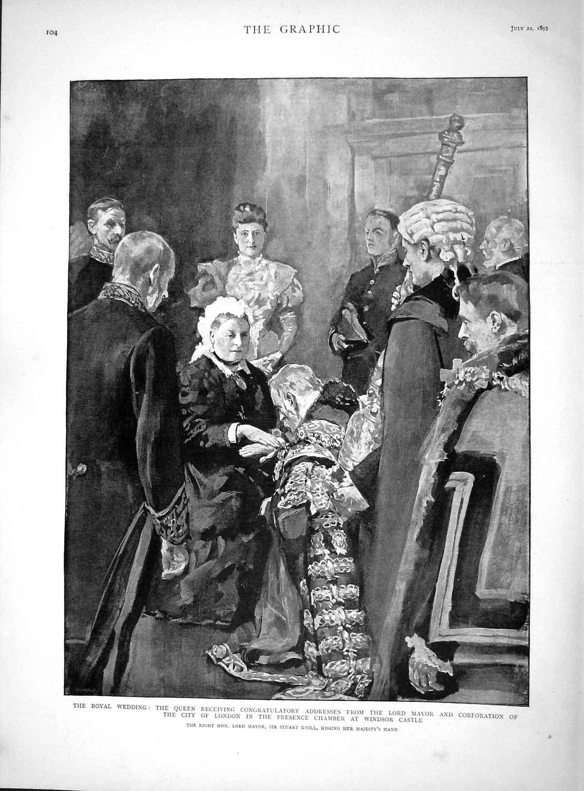 Original Old Antique Print 1893 Royal Wedding Queen Lord Mayor Windsor Castle