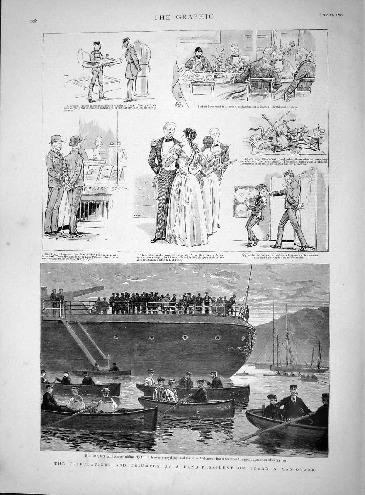 Original Old Antique Print 1893 Man-Of-War Ship Lyre Volunteer Music Band Boats