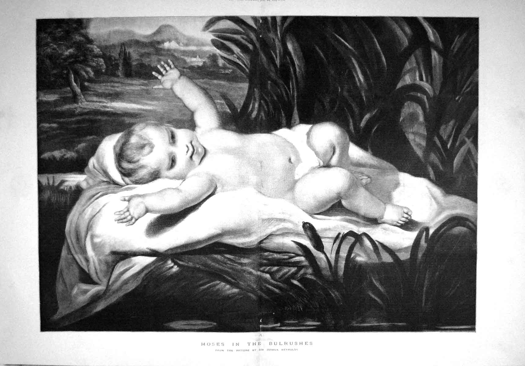 Original Old Antique Print 1893 Joshua Reyns Fine Art Baby Moses Bulrushes