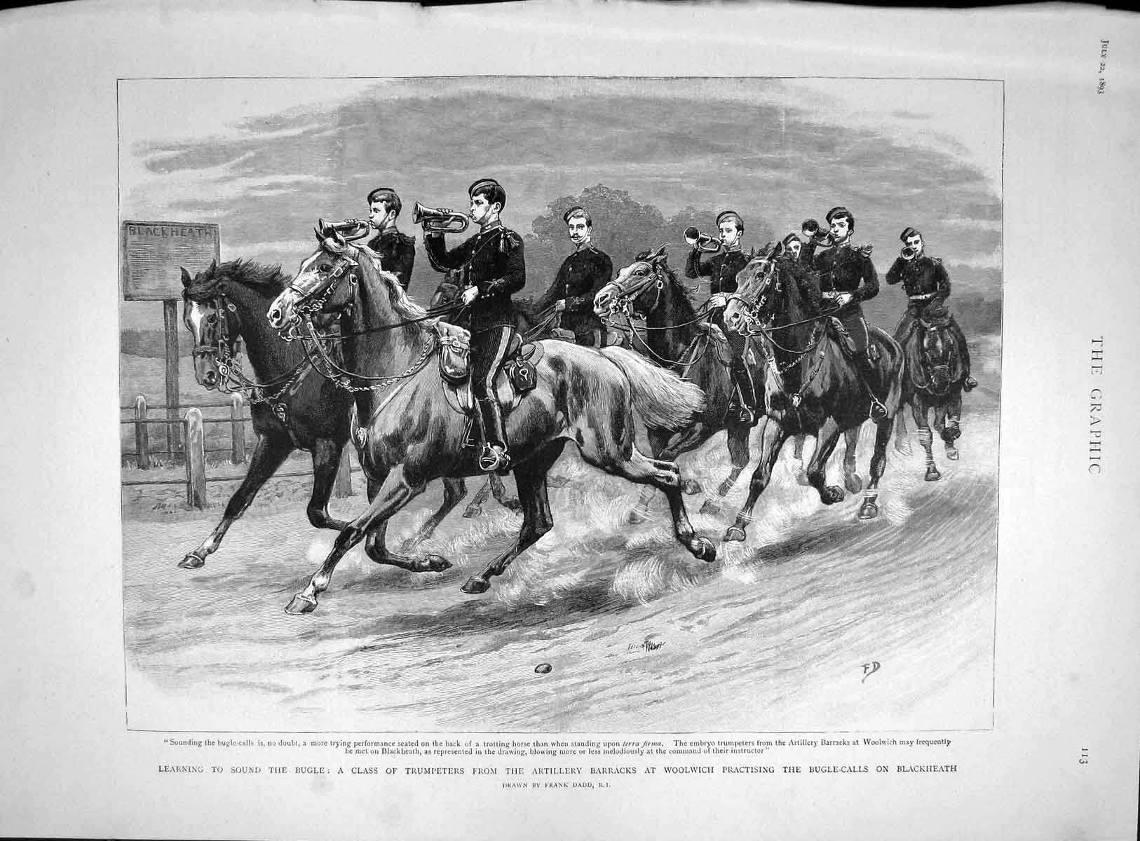 Original Old Antique Print 1893 Bugle Trumpeters Siers Woolwich Blackheath 19th