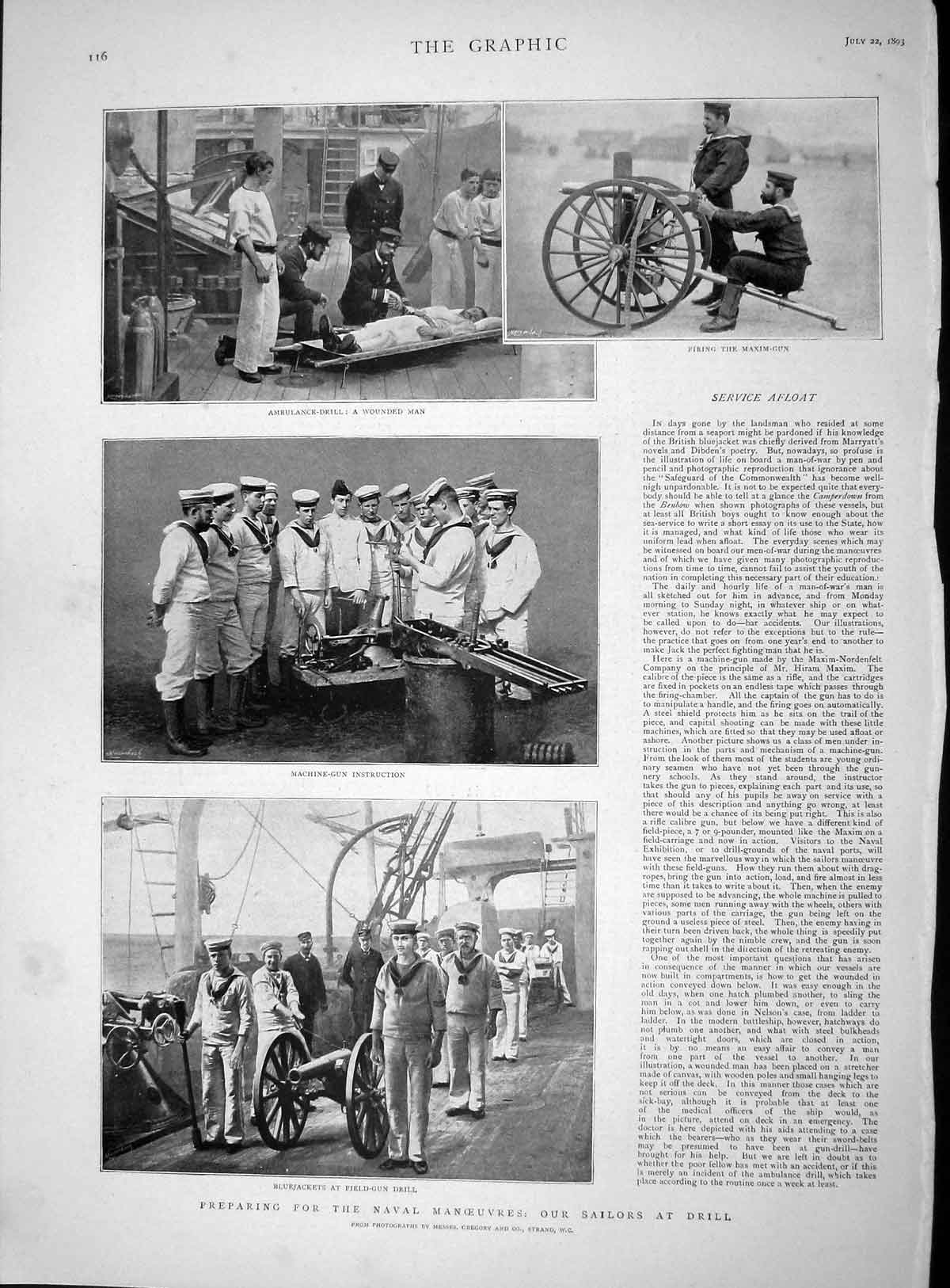 Old Antique Print 1893 Navy Sailors Drill Ambulance Bluejackets Maxim-Gun 19th