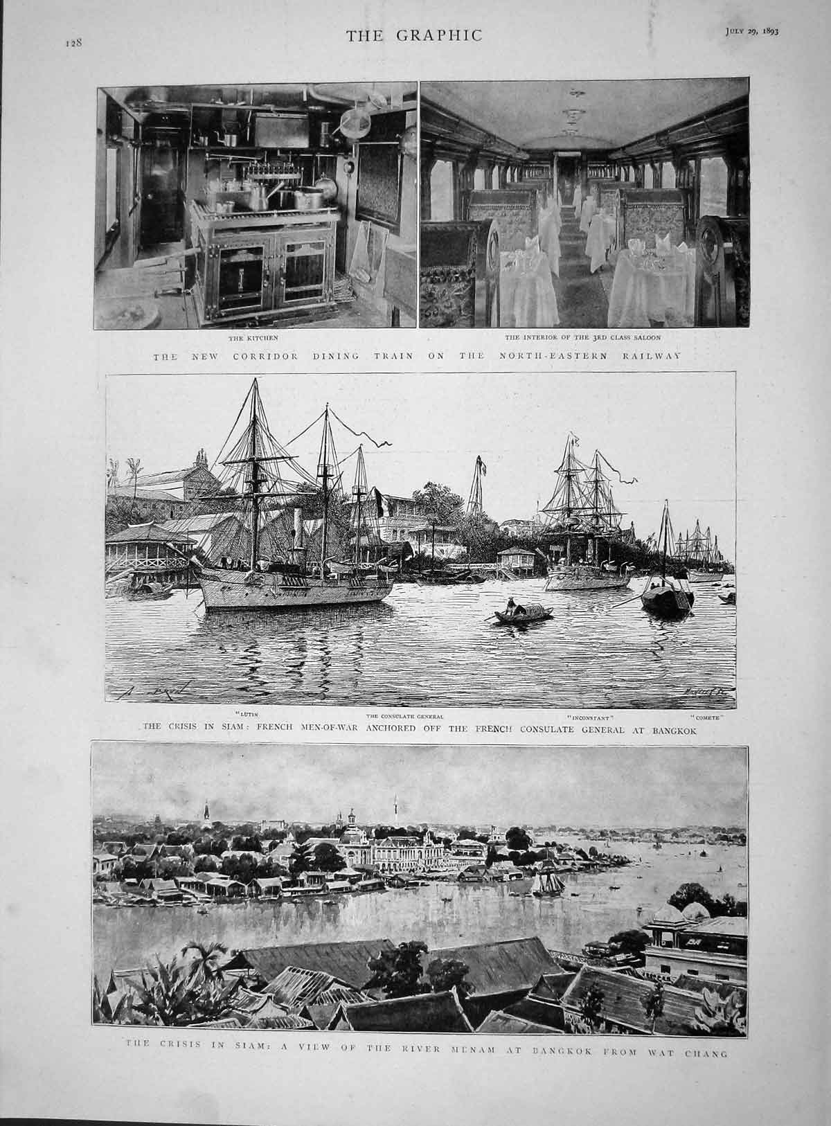 Original Old Antique Print 1893 Siam River Menam Bangkok Ship Lutin Comet 19th