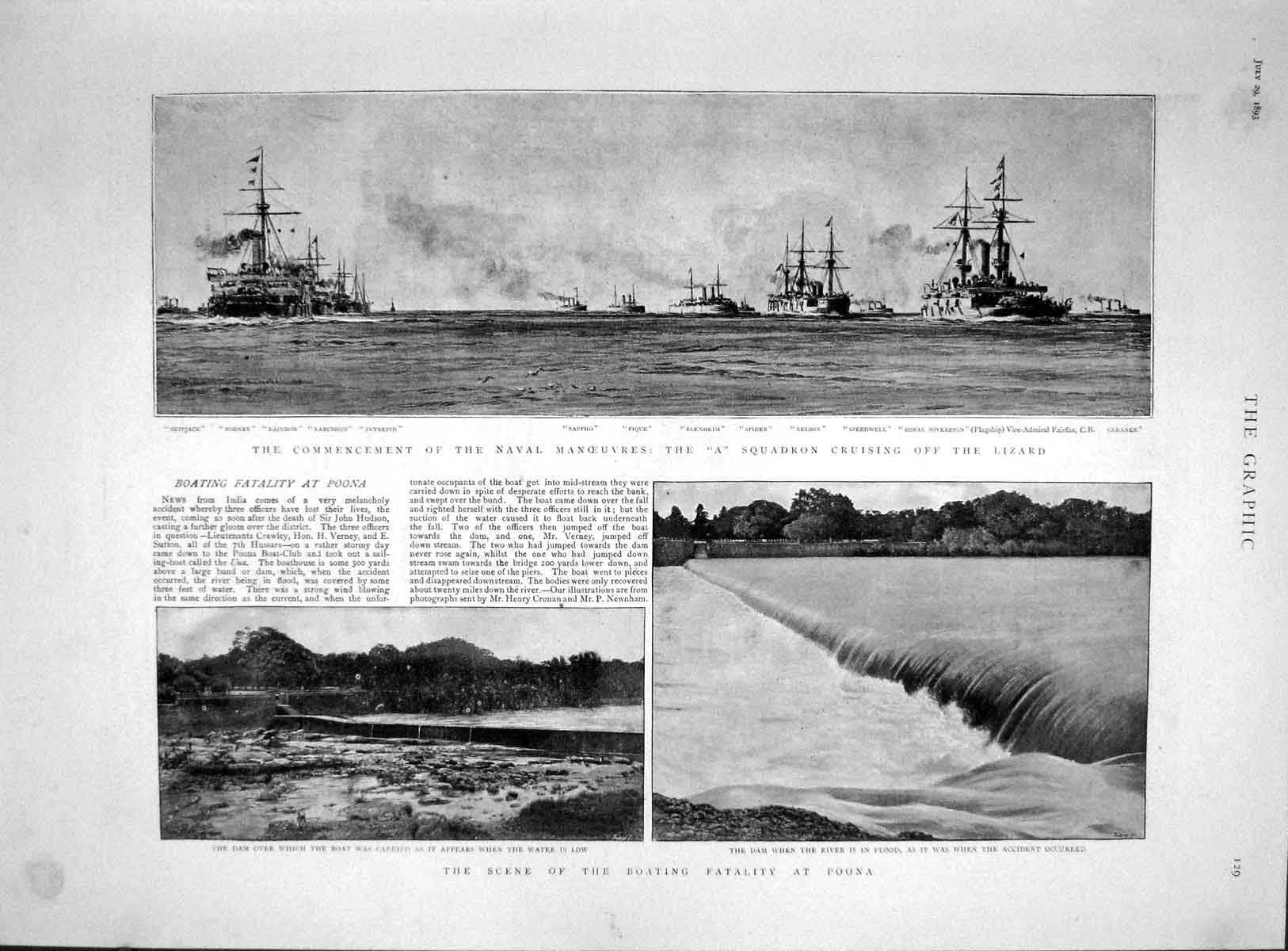 Old Antique Print 1893 Boating Accident Poona Dam Ships Pique Rodney War 19th