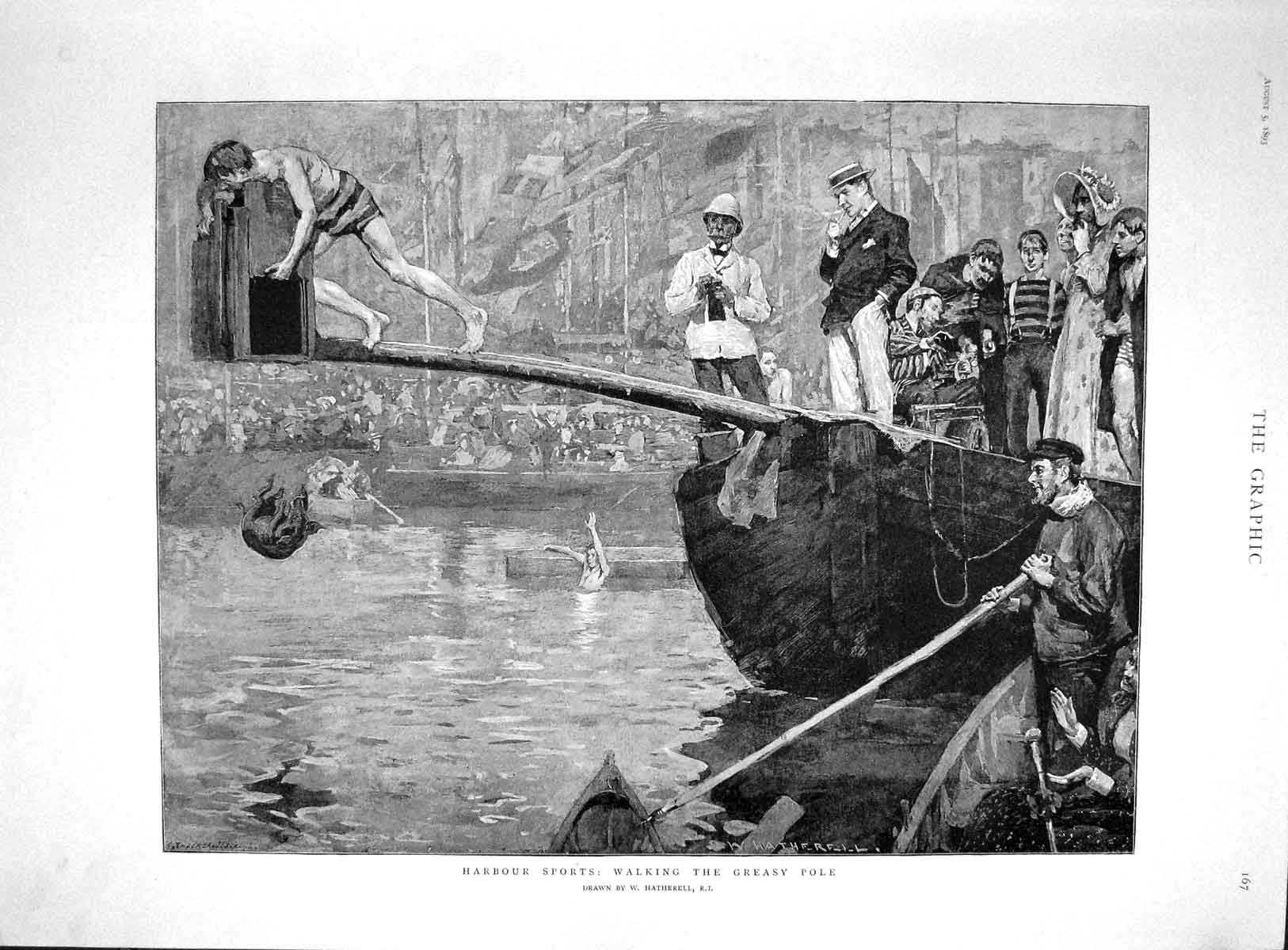 Original Old Antique Print 1893 Harbour Sport Walking Greasy Pole Heatherell