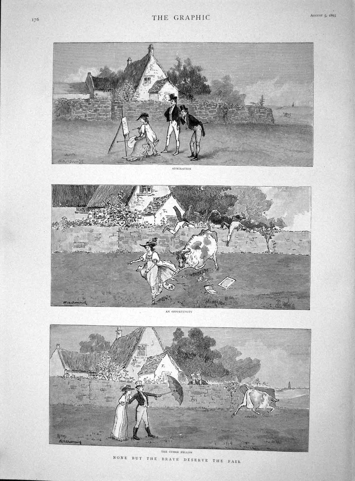 Original Old Antique Print 1893 Lady Painting Art Field Bull Men Rescue Romance