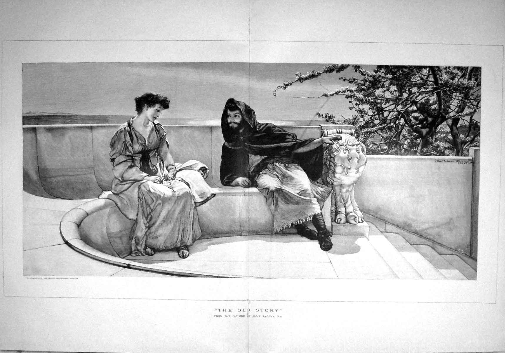 Original Old Antique Print 1893 Story Alma Tadema Man Lady Romance Terrace
