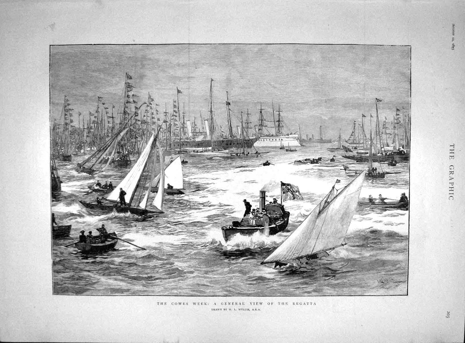 Original Old Antique Print 1893 Cowes Yachting Regatta Navy Ships Superb 19th