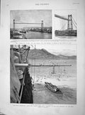 Original Old Antique Print 1893 Navy Bathing Ship Galatea Ireland Bridge Puente