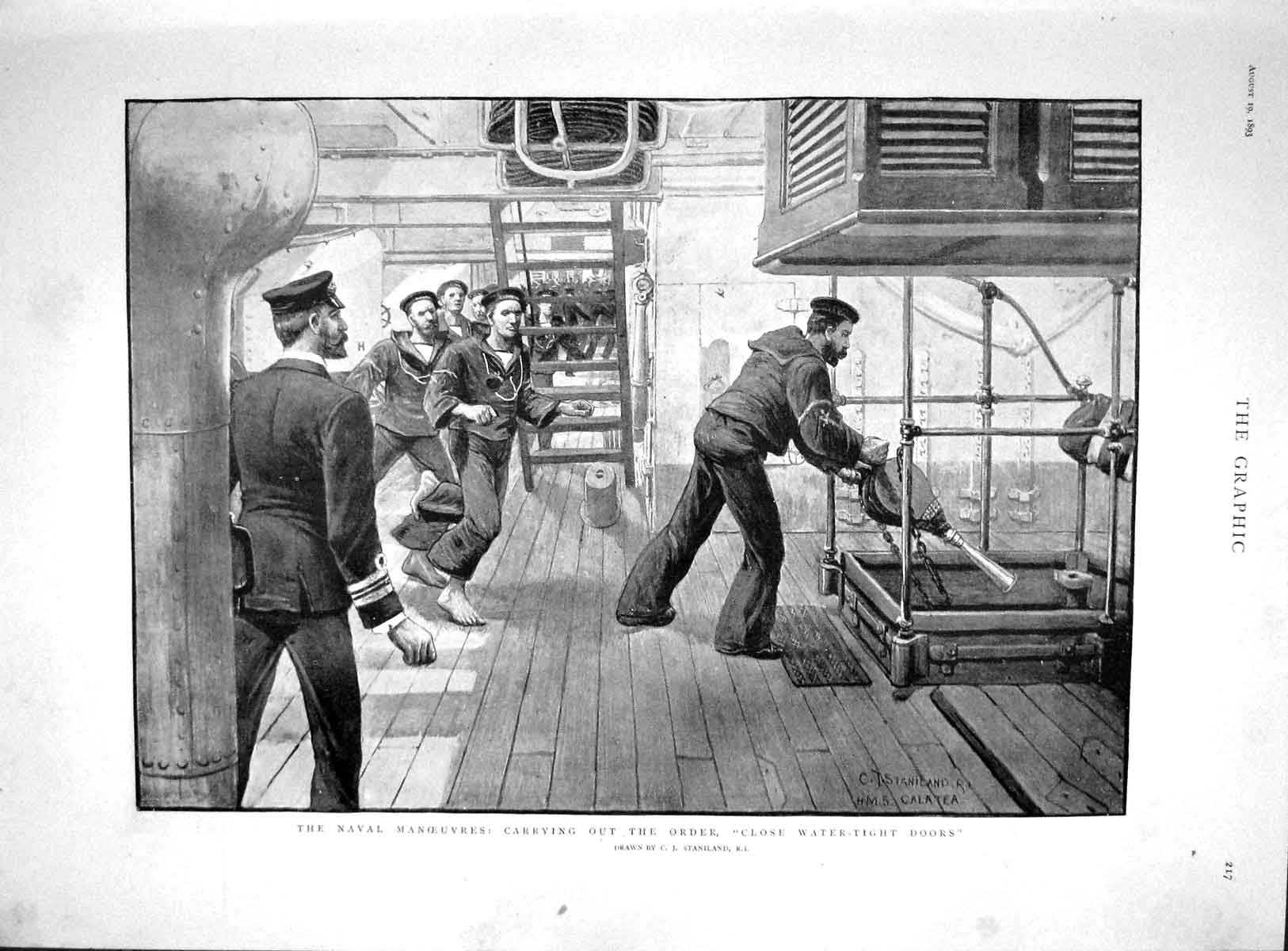 Original Old Antique Print 1893 Navy Manoeuvres Order Close Water-Tight Doors