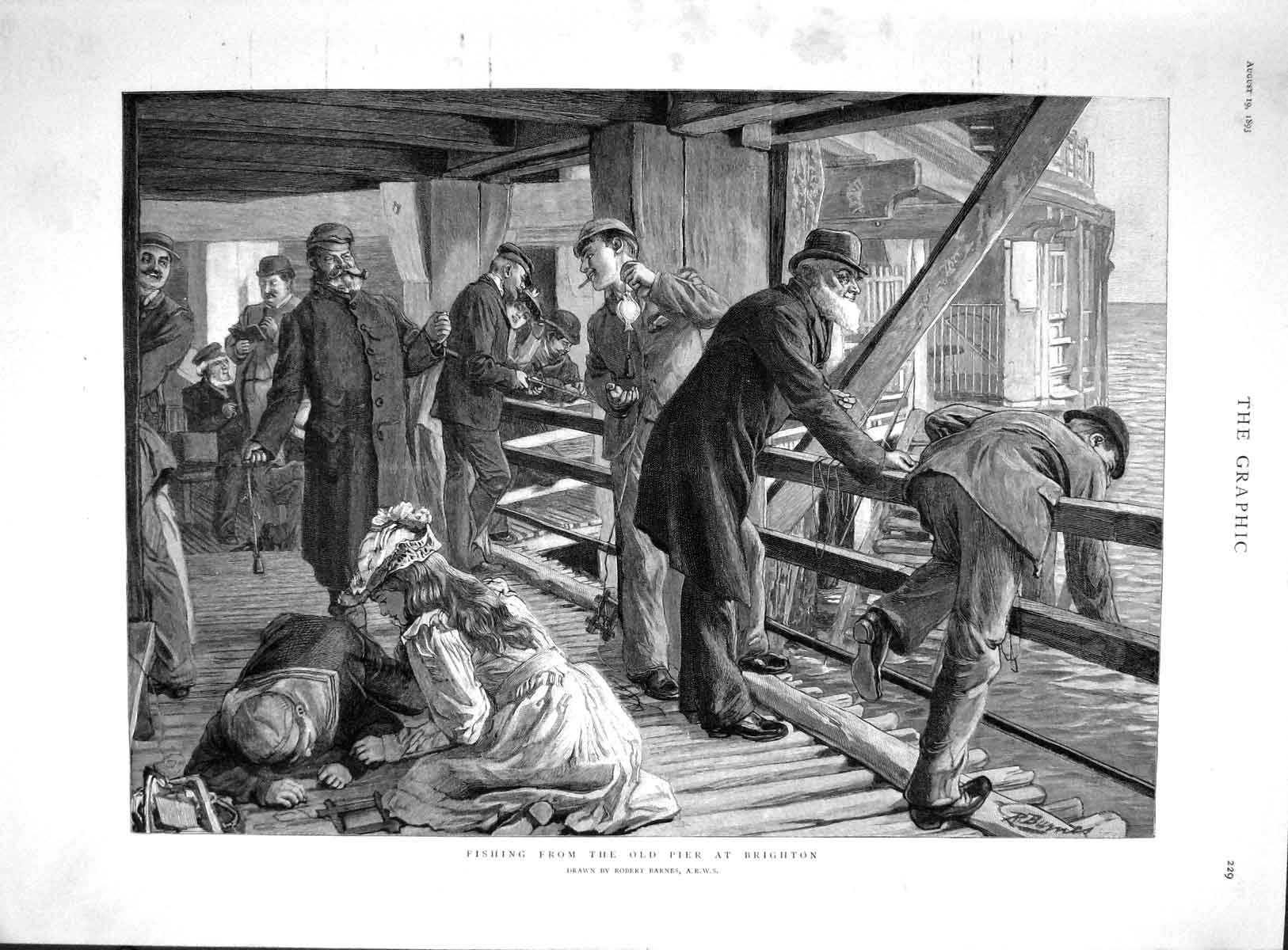 Original Old Antique Print 1893 Fishing Pier Brighton Men Fish England Barnes