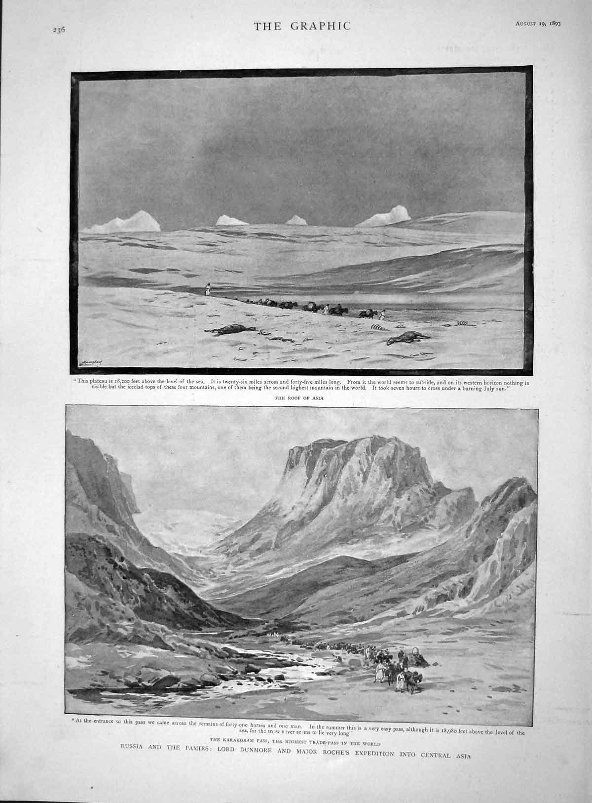 Old Antique Print 1893 Russia Pamirs Lord Dunmore Roche Asia Tashkurgan 19th