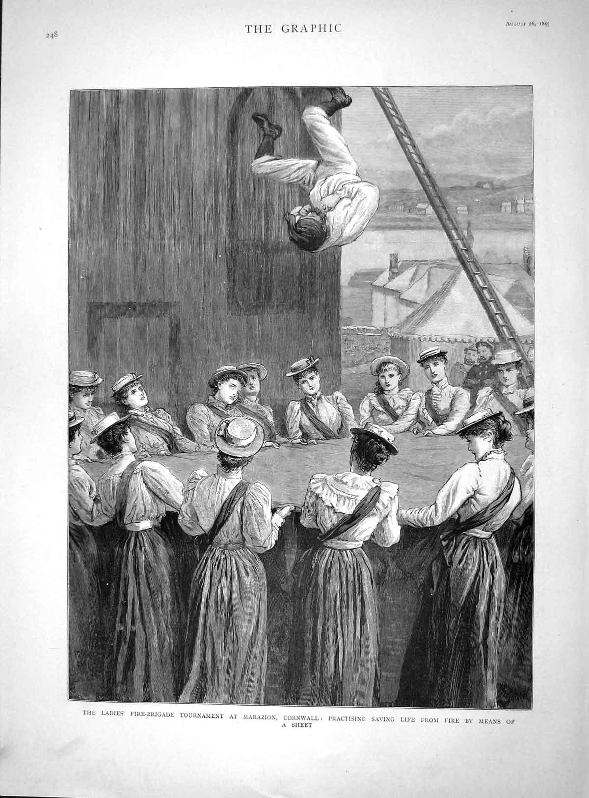 Original Old Antique Print 1893 Ladies Fire-Brigade Tournament Marazion C 19th