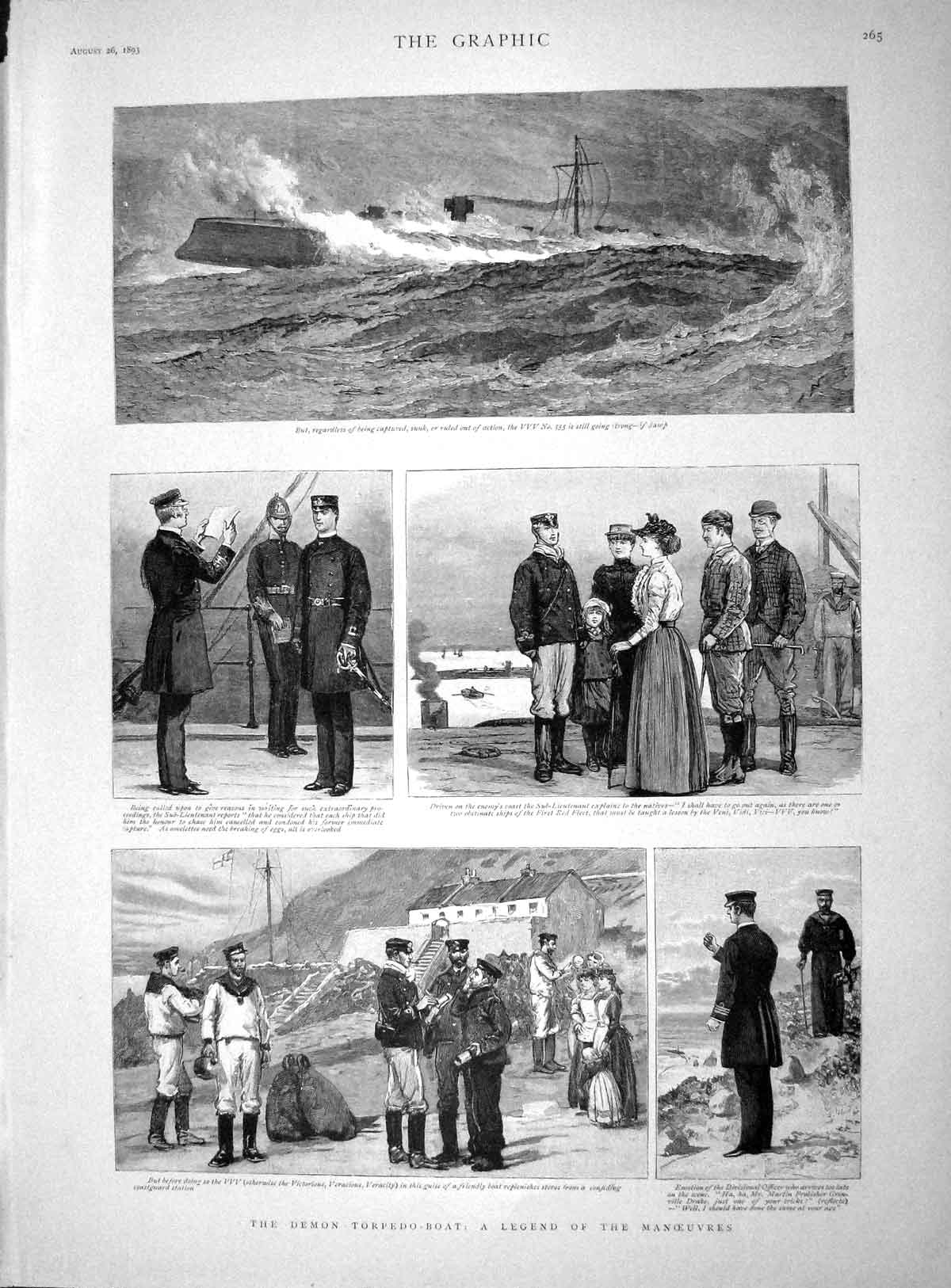 Old Antique Print 1893 Demon Torpedo Boat Ship Navy Sailors Officer War 19th