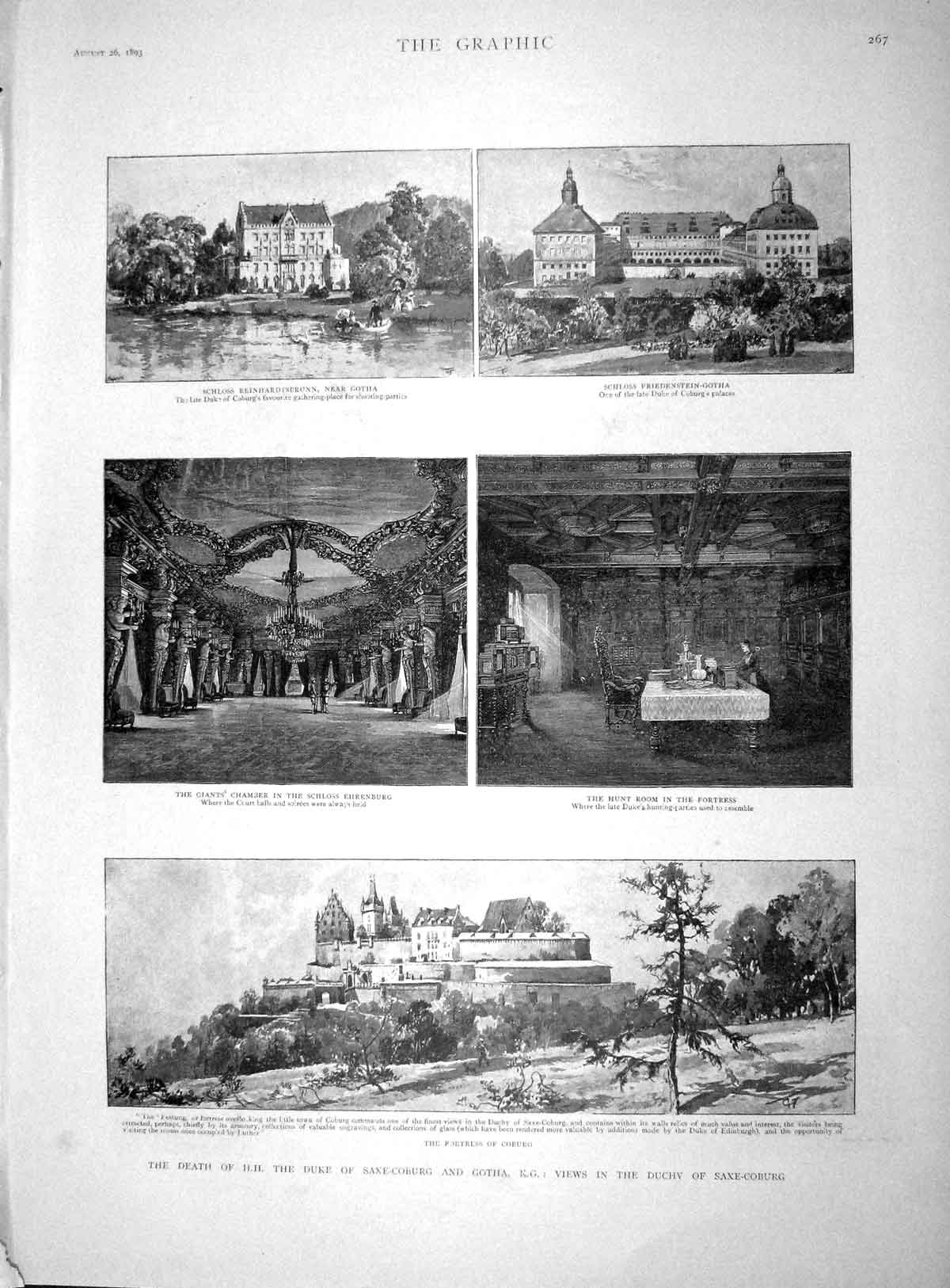 Original Old Antique Print 1893 Duke Saxe-Coburg Gotha Schloss Reinhardtsbrunn