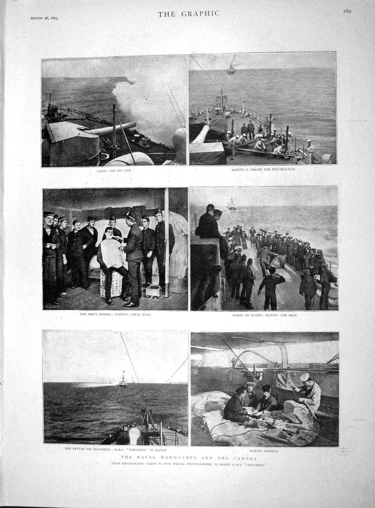 Old Antique Print 1893 Navy Manoeuvres Battle Holyhead Ship Narcissus War 19th