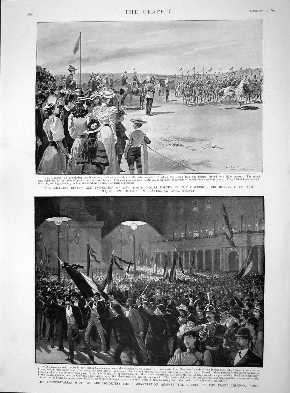 Old Antique Print 1893 Franco-Italian Riot Aigues-Mortes Rome Duff Hutton 19th