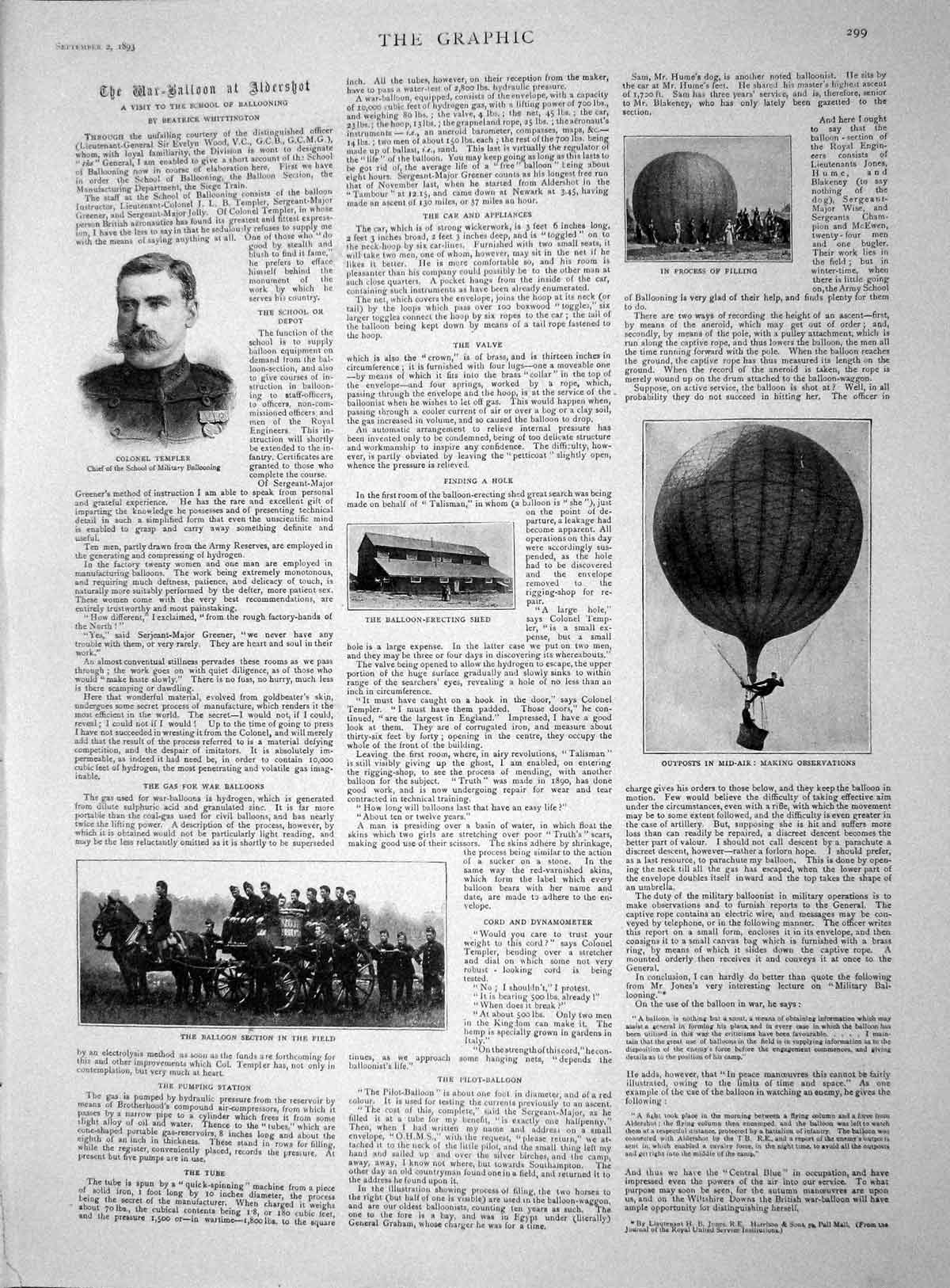 Original Old Antique Print 1893 Colonel Templer Military Balloon Harness Horses