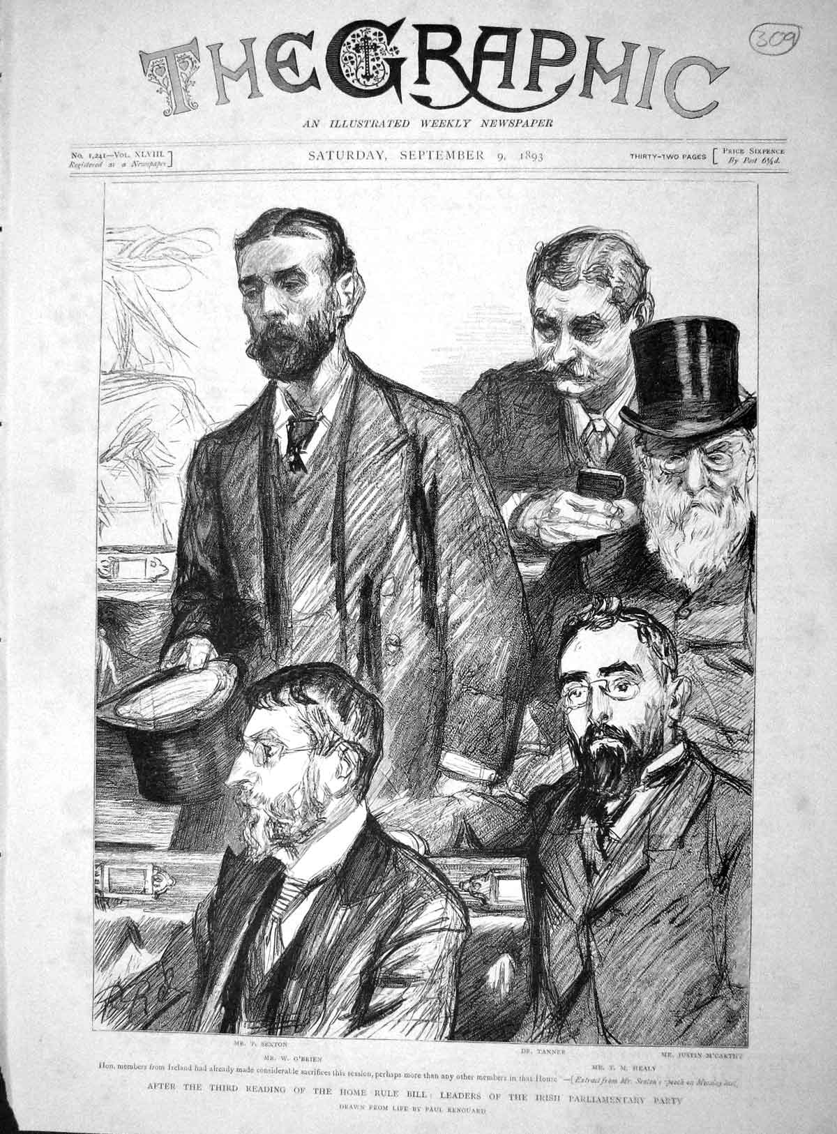 Original Old Antique Print 1893 Home Rule Bill Irish Parliament Sexton Tanner