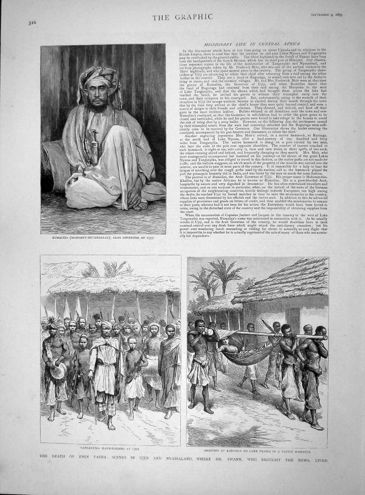 Original Old Antique Print 1893 Death Emin Pasha Ujiji Nyassaland Rumali 19th