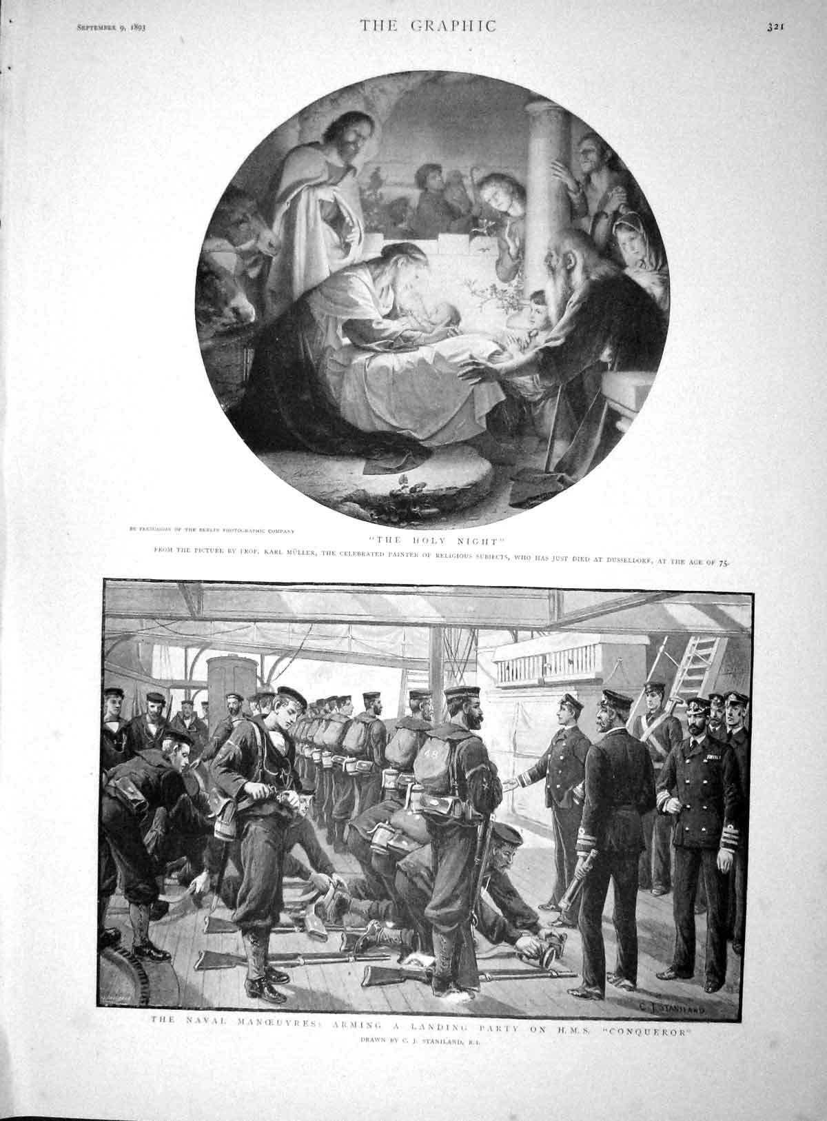 Old Antique Print 1893 Holy Night Baby Navy Sailors Ship Conqueror Guns 19th