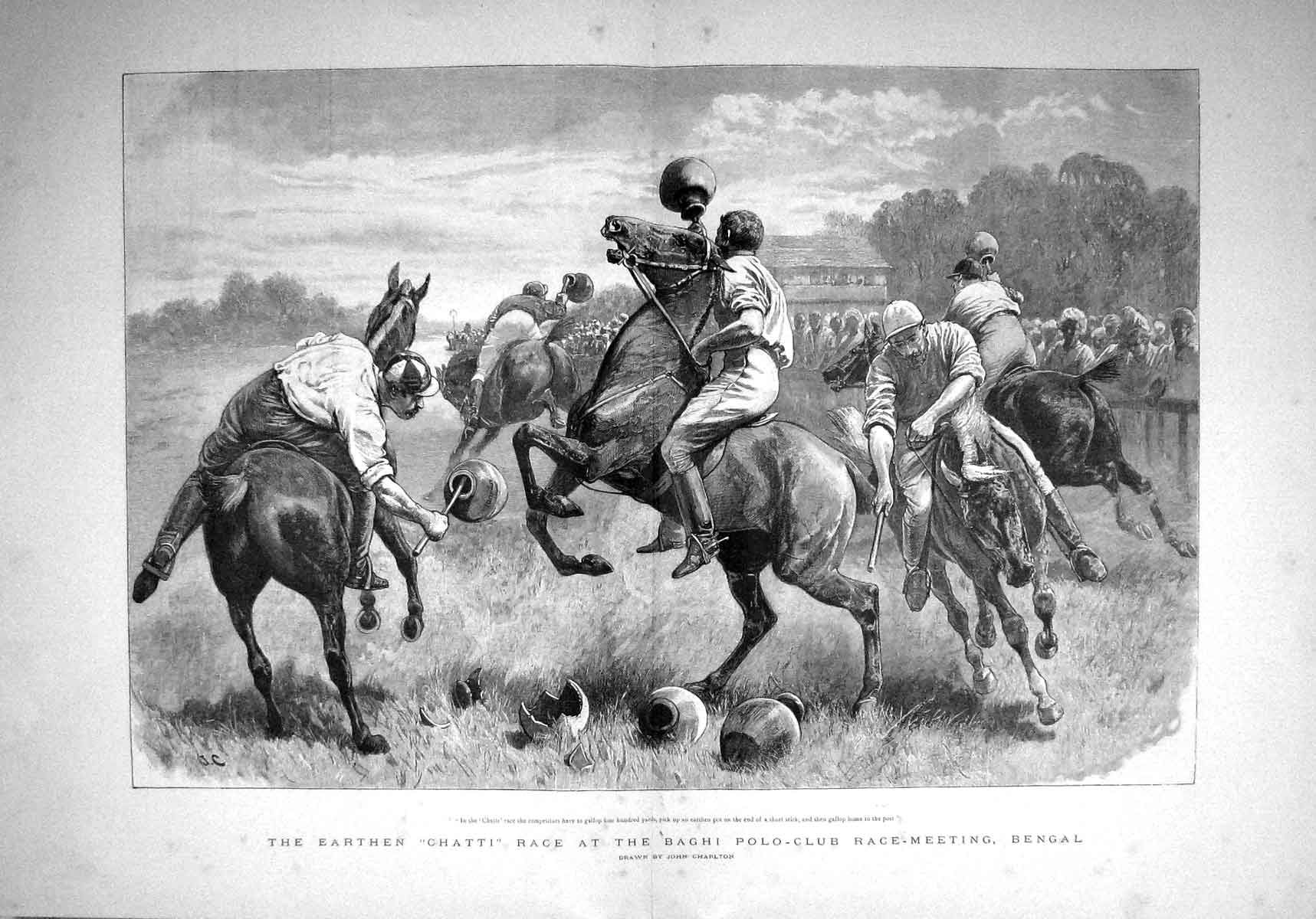 Old Antique Print 1893 Earthen Chatti Race Baghi Polo Club Bengal Sport 19th