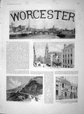 Original Old Antique Print 1893 Worcester Ivy Scar Rock Malvern Guildhall 19th
