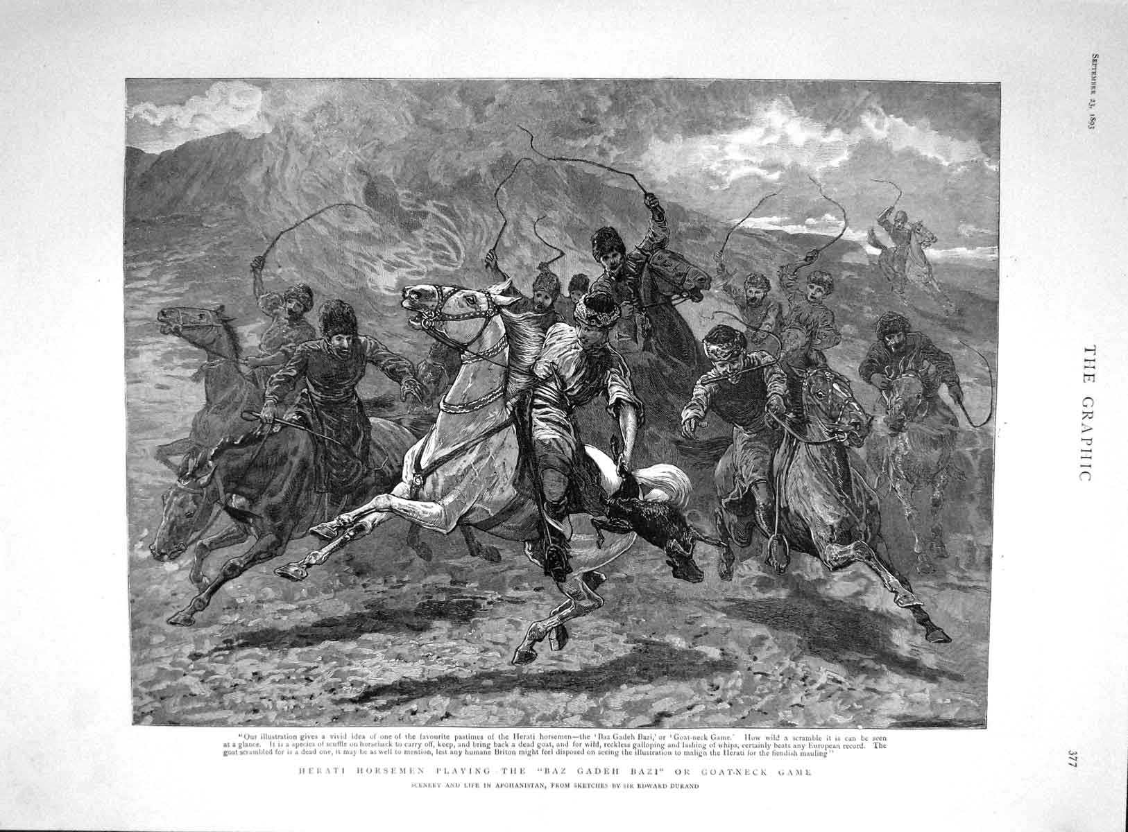Original Old Antique Print 1893 Herati Horsemen Baz Gadeh Bazi Goat-Neck Game