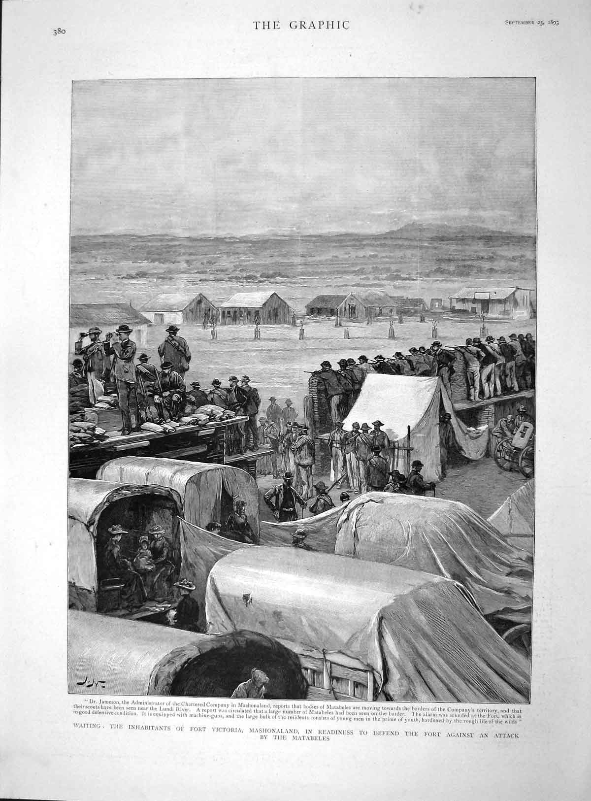 Original Old Antique Print 1893 Fort Victoria Mashonaland Matabele War Siers
