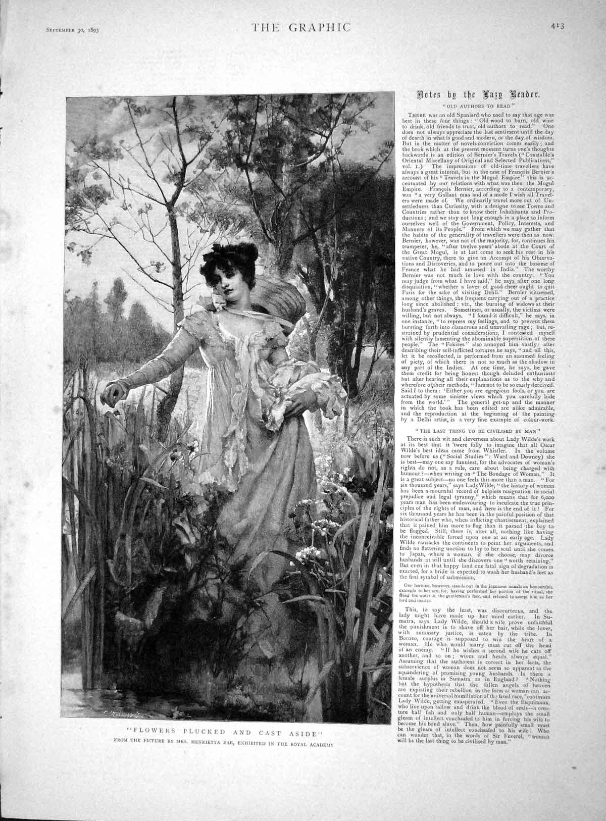 Original Old Antique Print 1893 Plucking Flowers Lady Countryside Nature Rae