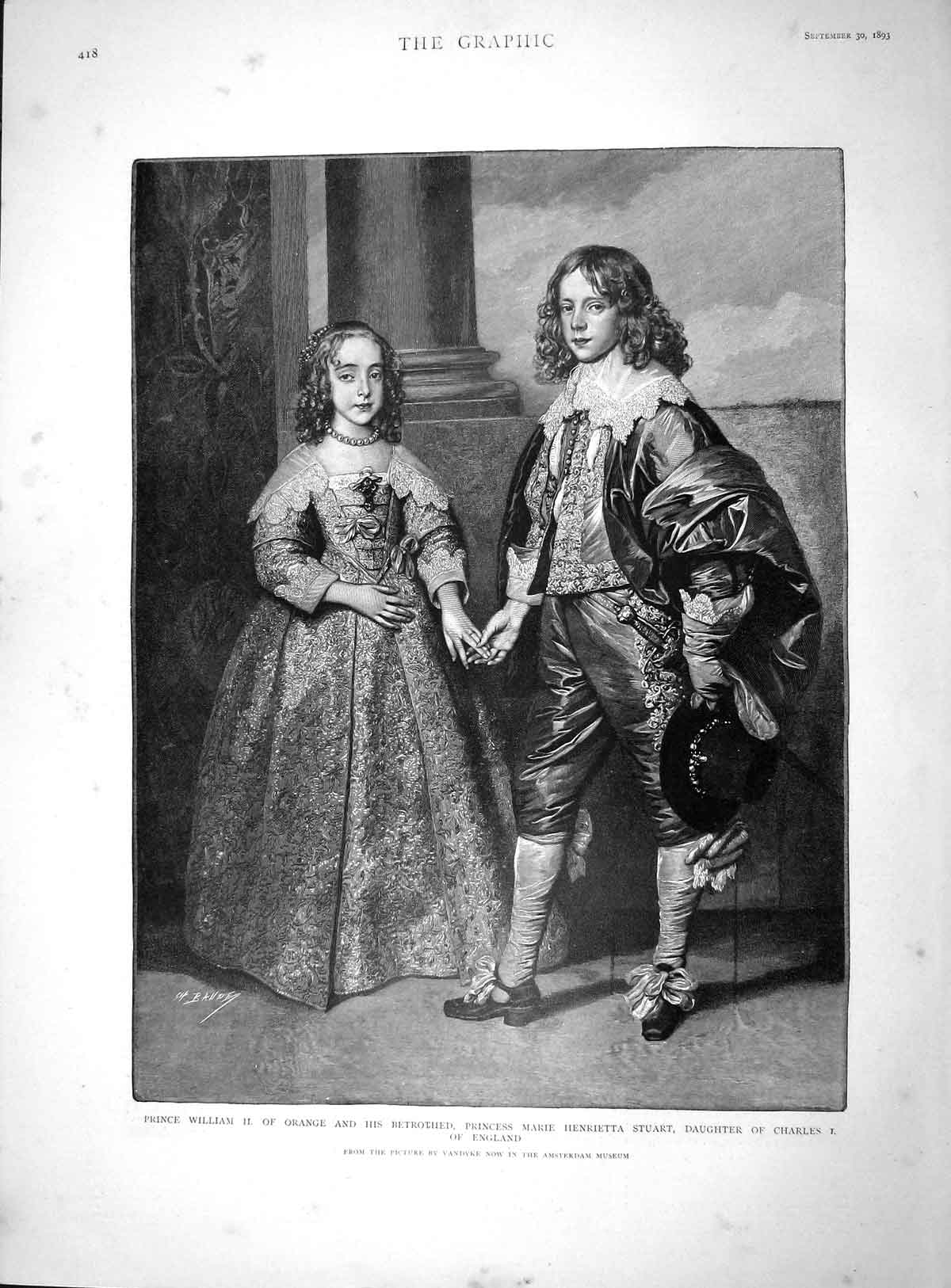 Original Old Antique Print 1893 Prince William Orange Princess Marie Stuart