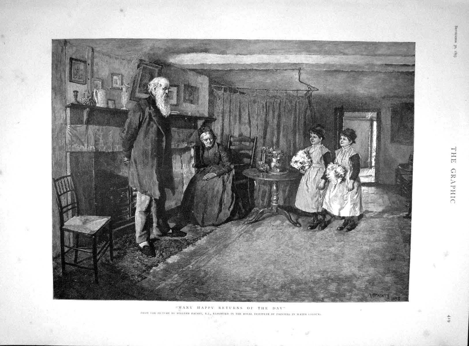 Original Old Antique Print 1893 Many Happy Returns Birthday Scene Girls Flowers