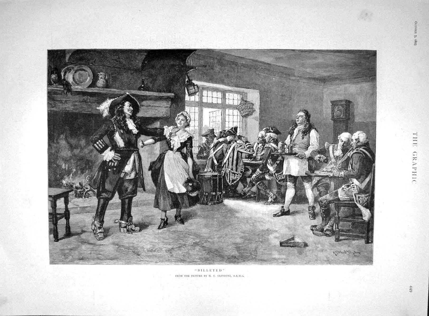 Original Old Antique Print 1893 Billeted Men Tavern Public House Lady Waitress