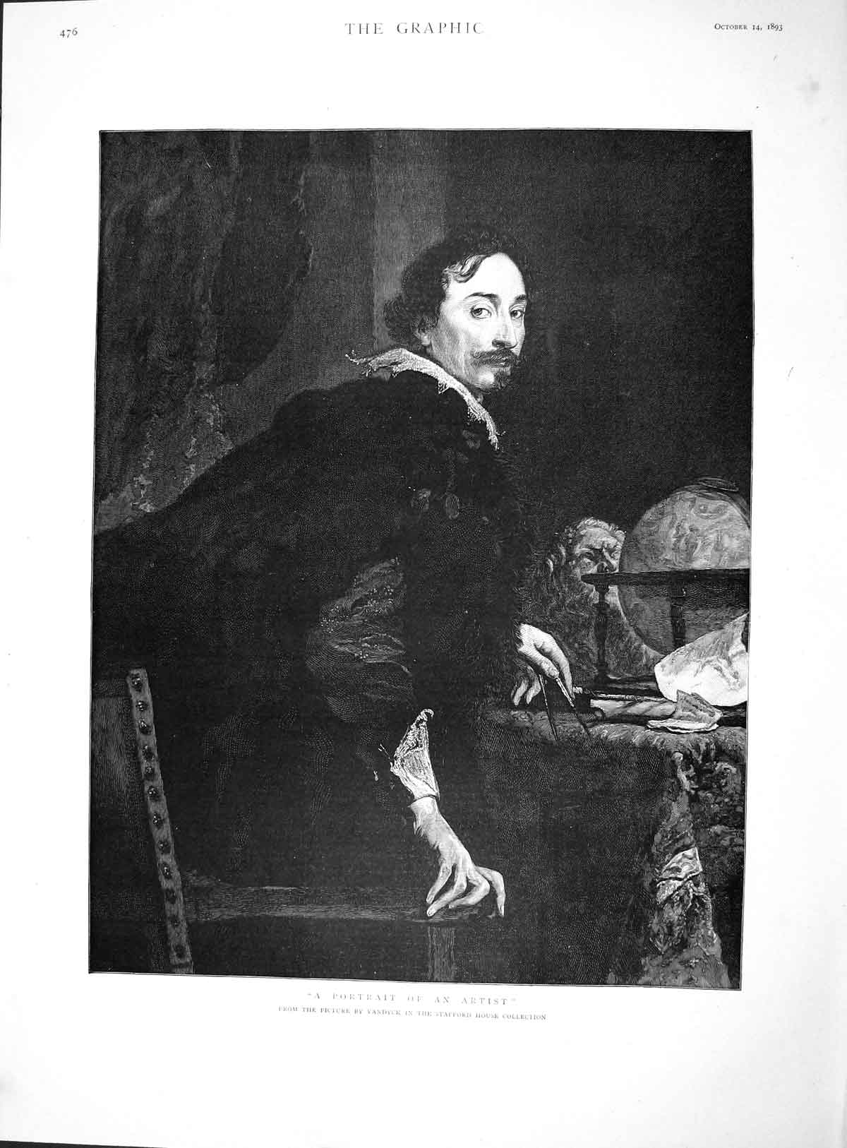 Original Old Antique Print 1893 Portrait Artist Man Vandyck Stafford House 19th
