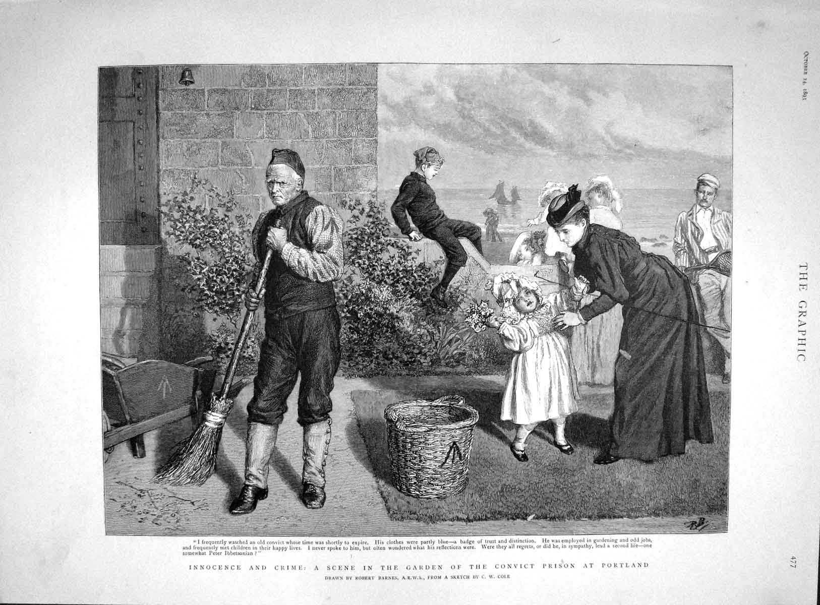 Old Antique Print 1893 Scene Garden Convict Prison Portland Girl Flowers 19th