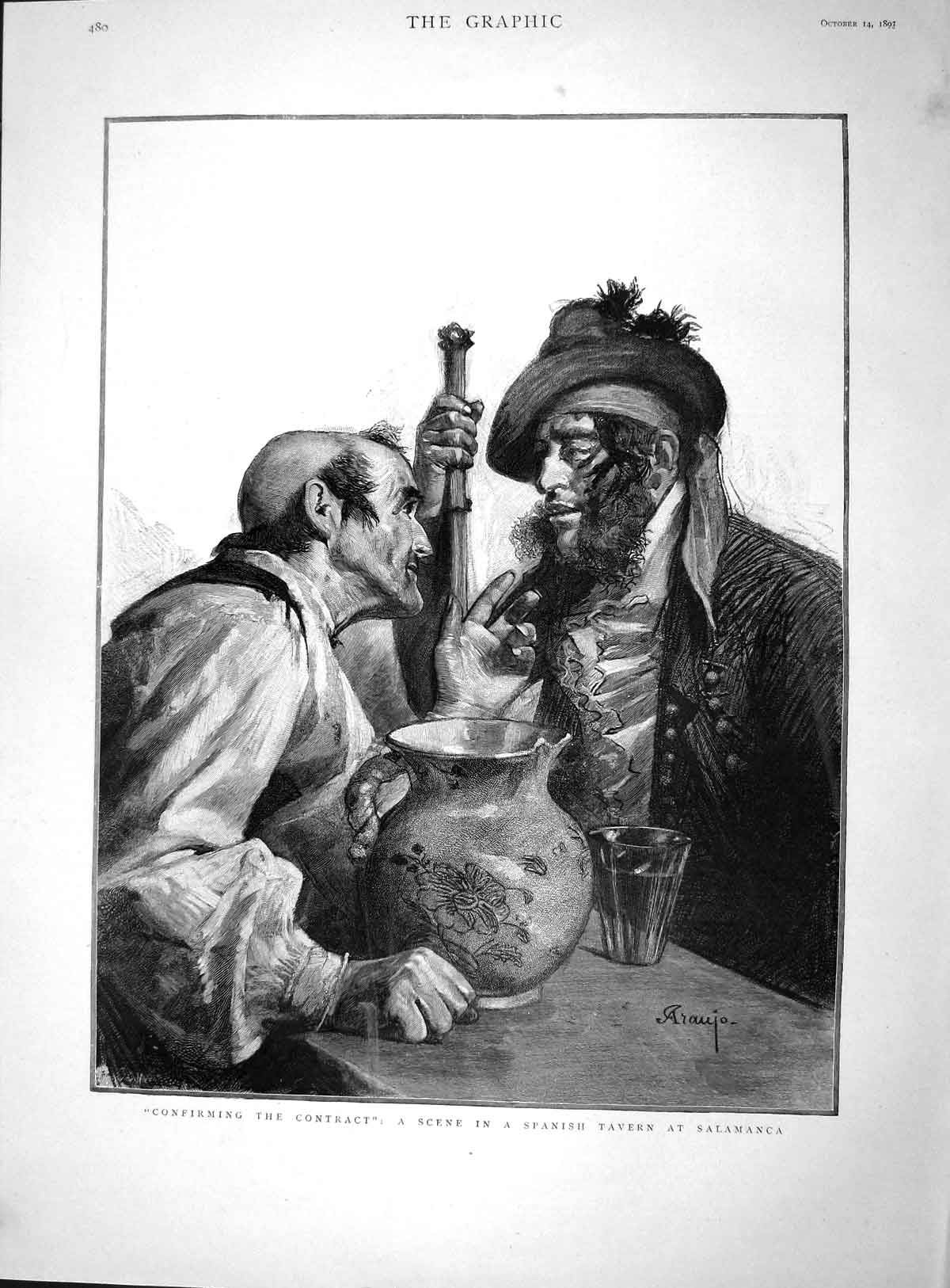Original Old Antique Print 1893 Scene Spanish Tavern Salamanca Men C Victorian