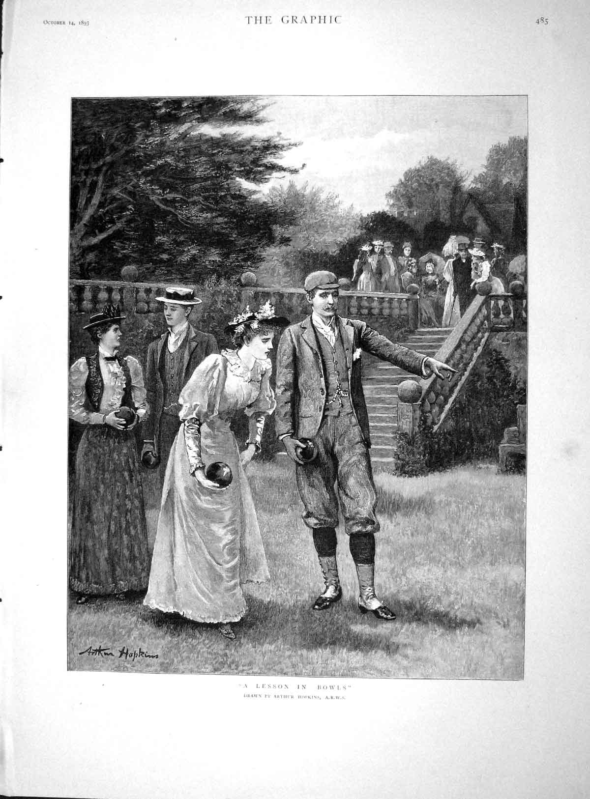 Original Old Antique Print 1893 Lesson Lawn Bowls Sport Men Ladies Garde 19th