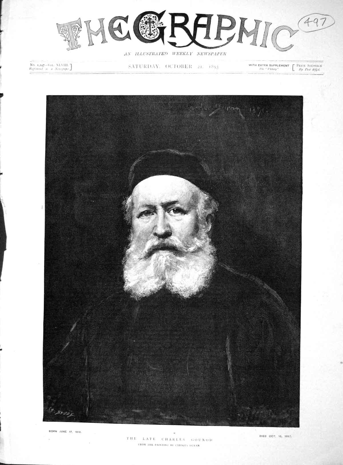 Original Old Antique Print 1893 Portrait Charles Gounod Man Duran Victorian