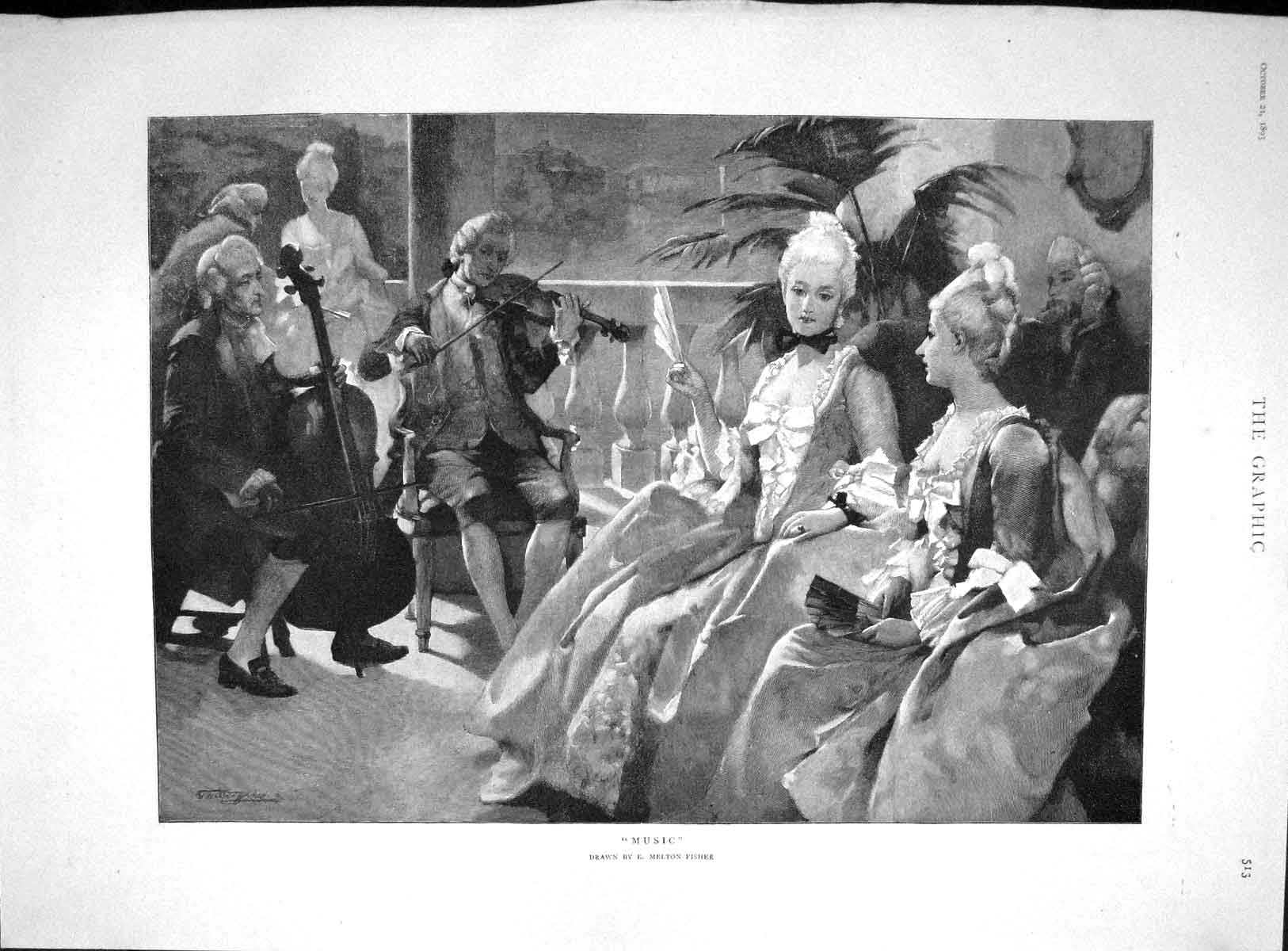 Old Antique Print 1893 Music Ladies Men Violin Instruments Melton Fisher 19th