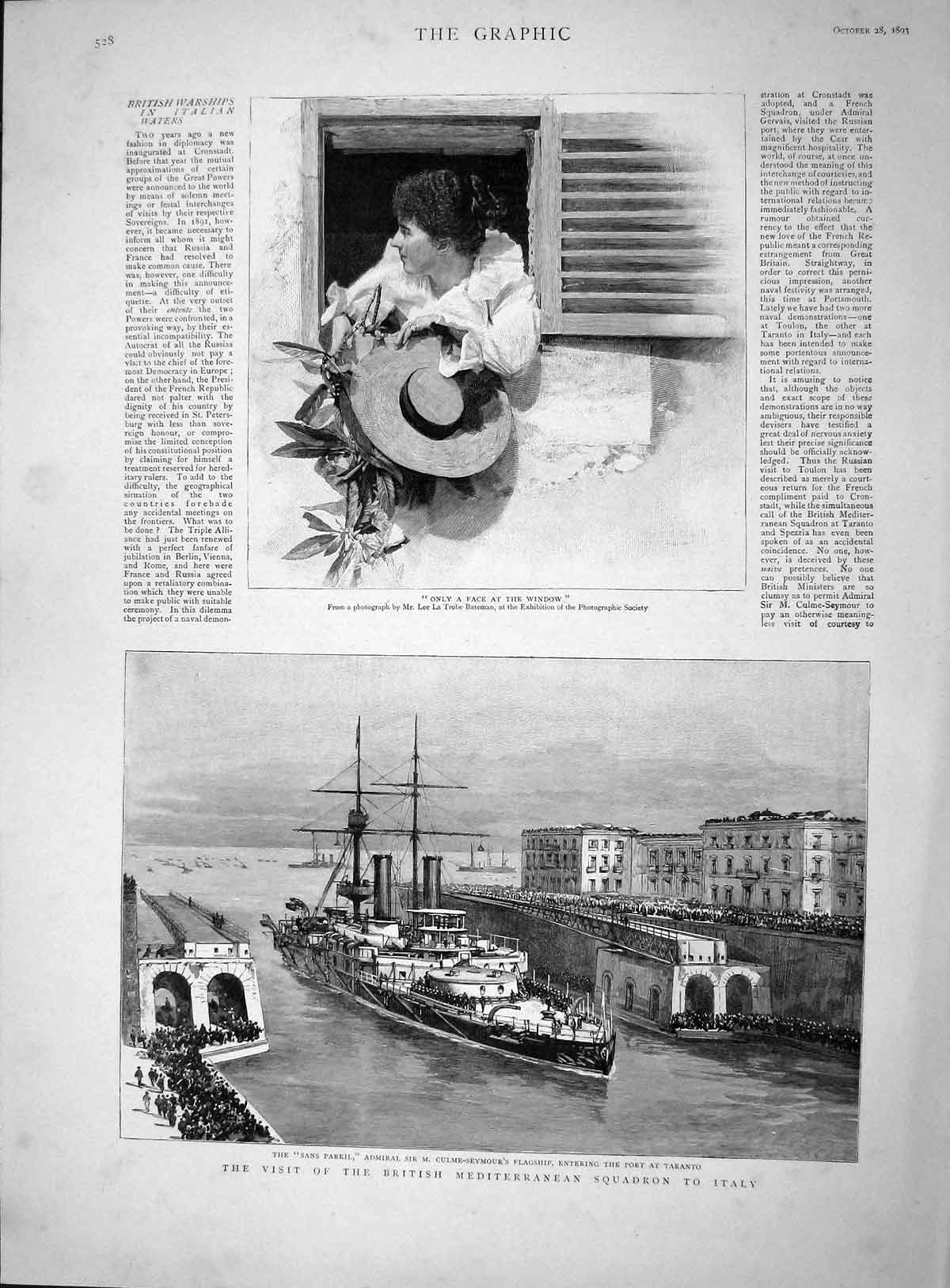 Original Old Antique Print 1893 Sans Pareil Culme-Seymour Ship Taranto Lady 19th