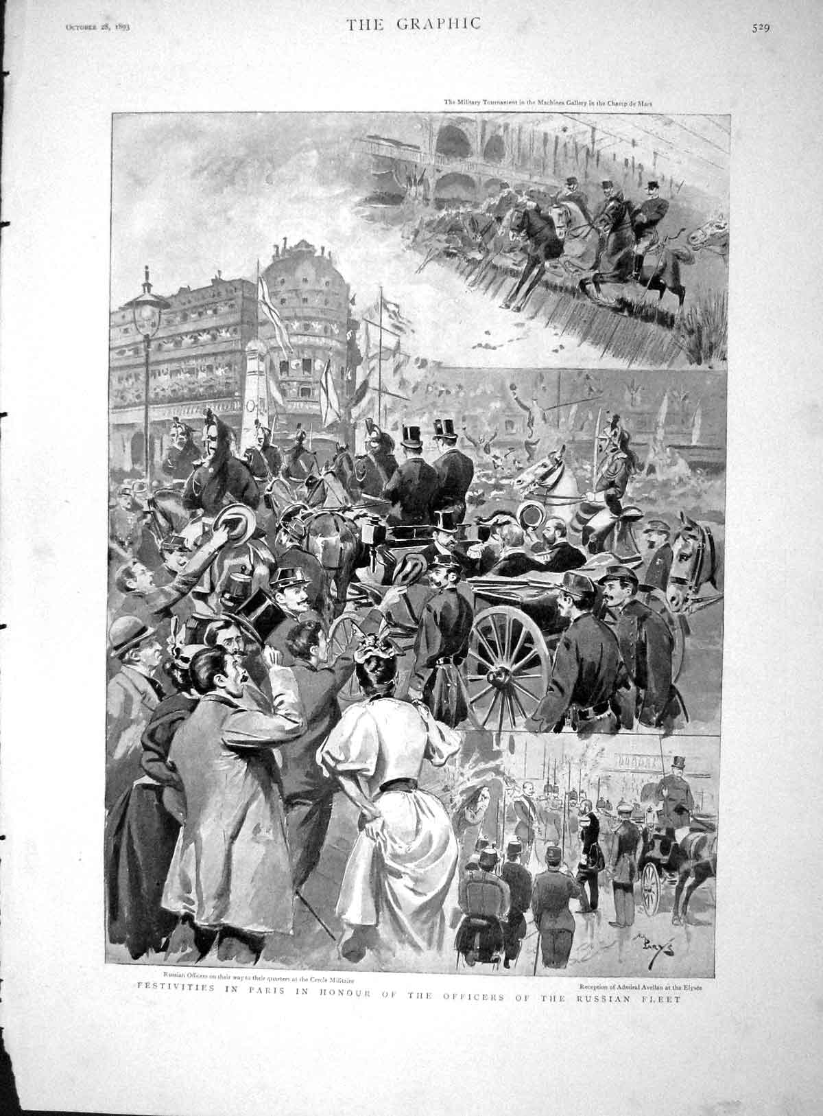 Original Old Antique Print 1893 Paris Officers Russian Fleet Champ Mars France